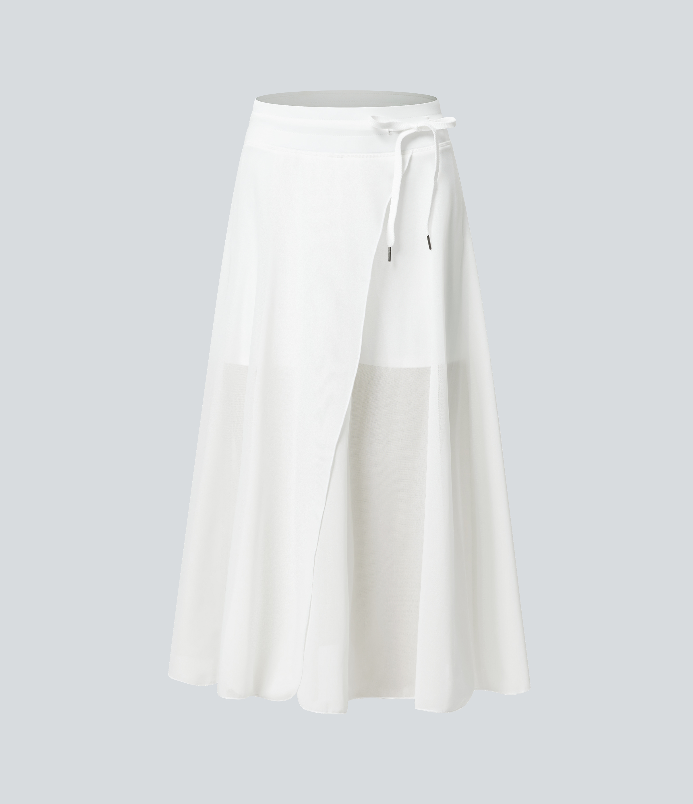 Halara High Waisted Drawstring Contrast Mesh 2-in-1 Side Pocket Flowy Midi Flare Casual Skirt  - White - XS midi skirt a line skirt 