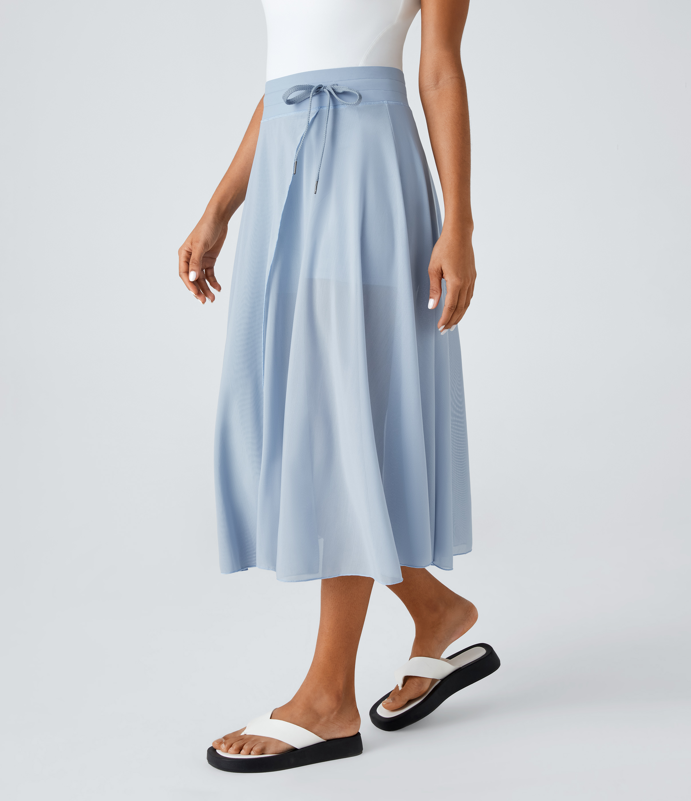 Halara High Waisted Drawstring Contrast Mesh 2-in-1 Side Pocket Flowy Midi Flare Casual Skirt  - Thin Ice Blue - XS midi skirt a line skirt 