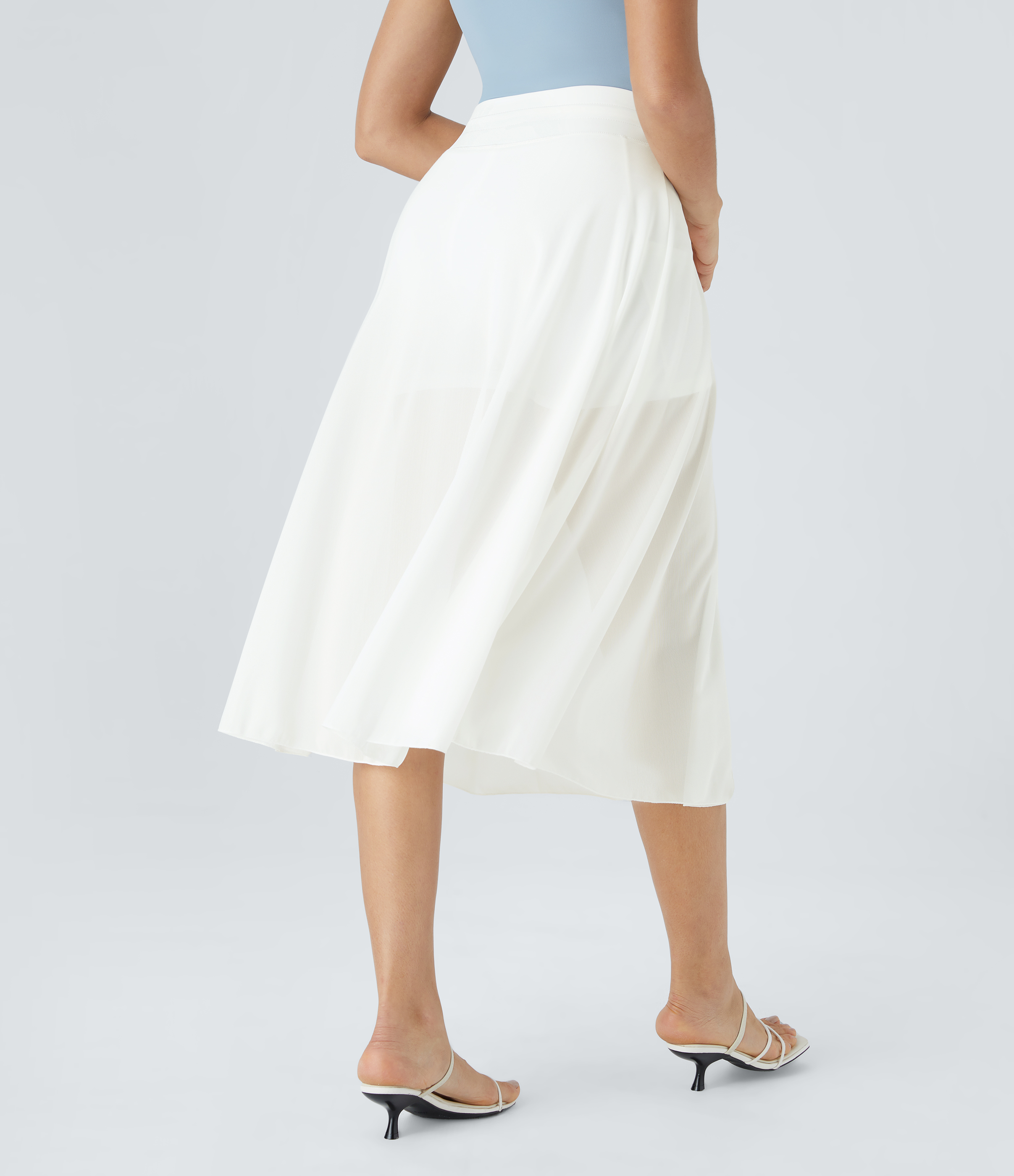 Halara High Waisted Drawstring Contrast Mesh 2-in-1 Side Pocket Flowy Midi Flare Casual Skirt  - White - XS midi skirt a line skirt 