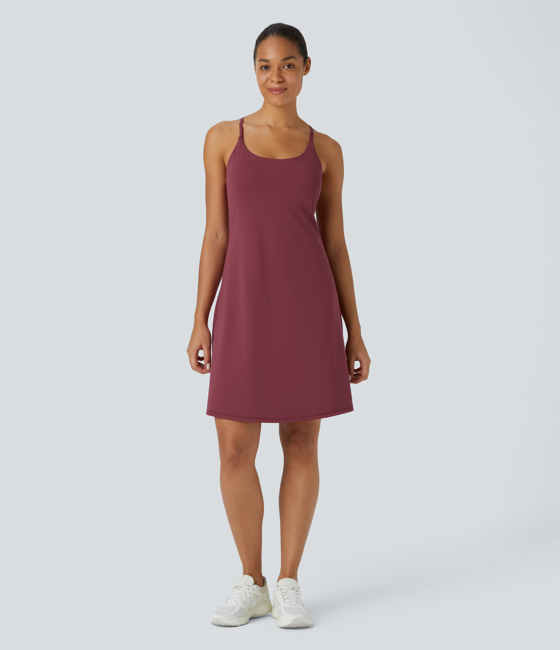 Halara Softlyzeroв„ў Airy Backless Cut Out Adjustable Strap 2-in-1 Pocket Cool Touch Longer Yoga Active Dress-Easy Peezy Edition Workout Dress - Cordovan - S 