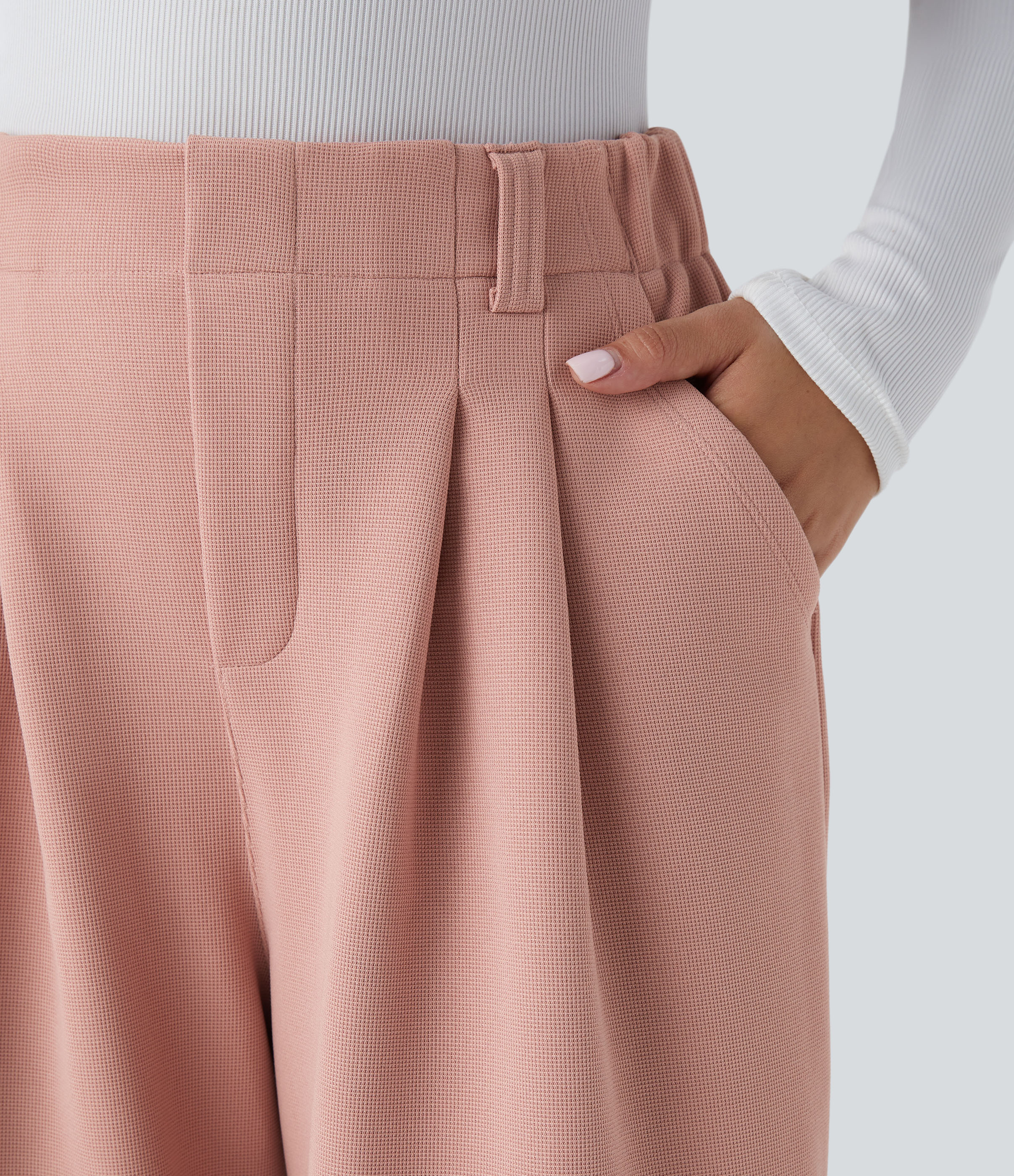 Halara High Waisted Plicated Side Pocket Wide Leg Waffle Fleece Casual Pants  - Peach Beige - L(regular) sweatpants jogger pants 