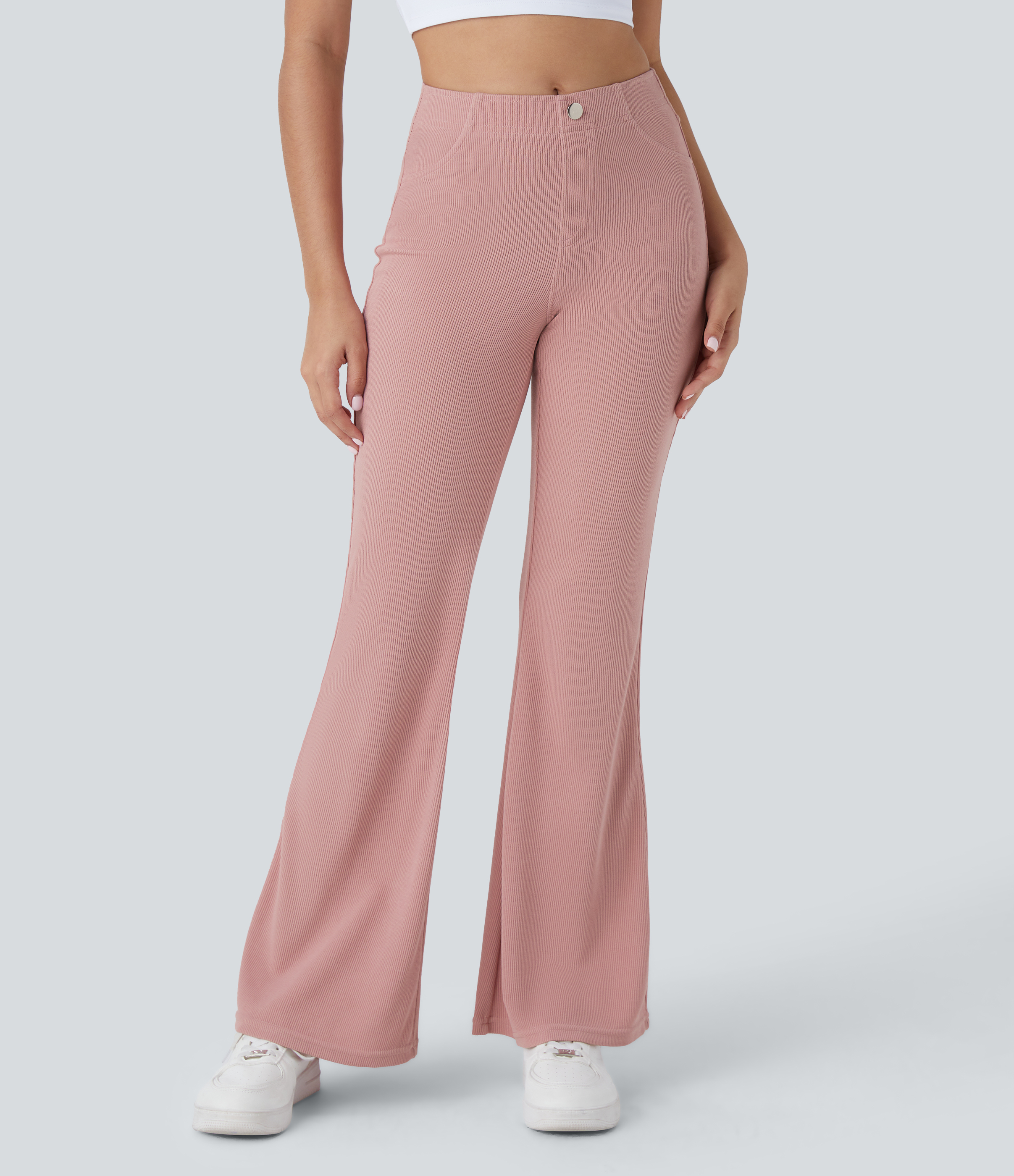 Halara Ribbed Mid Rise Multiple Pockets Solid Casual Flare Pants  - Mellow Rose - M(regular) sweatpants jogger pants stacked sweatpants 