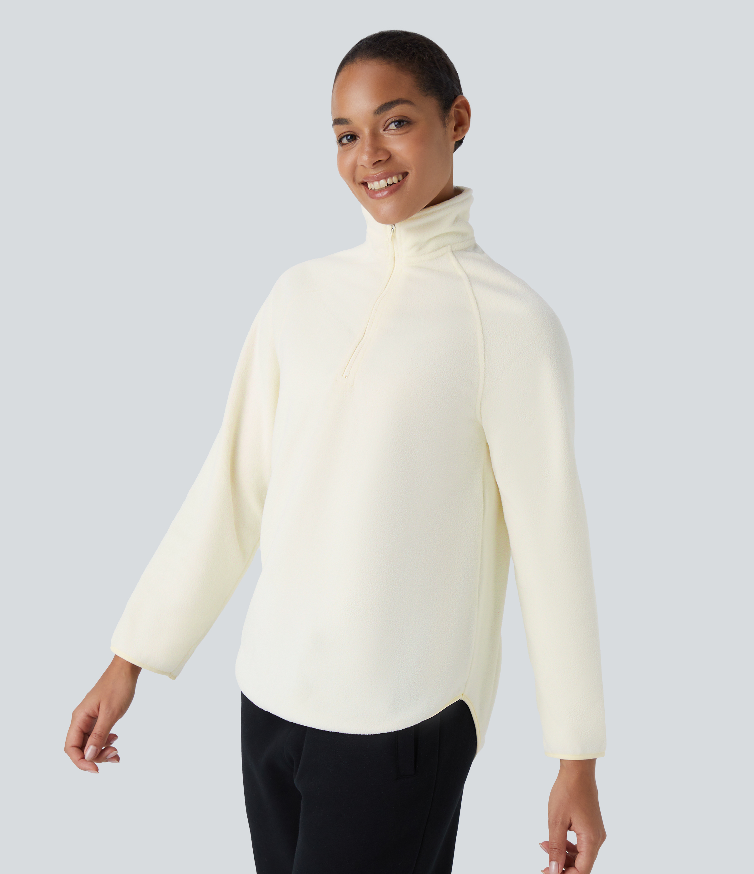 Halara Stand Collar Half Zip Raglan Sleeve Curved Hem Fleece Casual Sweatshirt  - Snow White Oak - L 