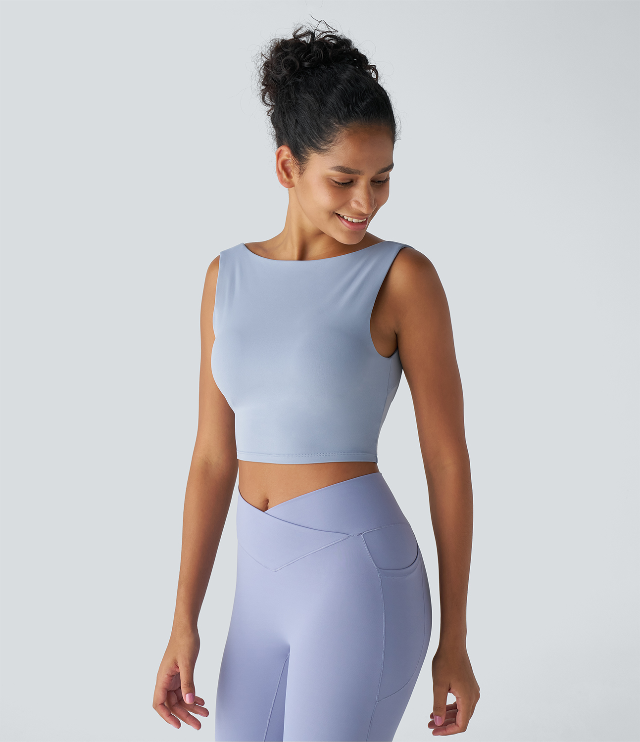 Halara Backless Boat Neck Skinny Cropped Yoga Tank Top Tank Top - Blue Fog - S golf tops halter top tunic tops sleeveless tops backless top 