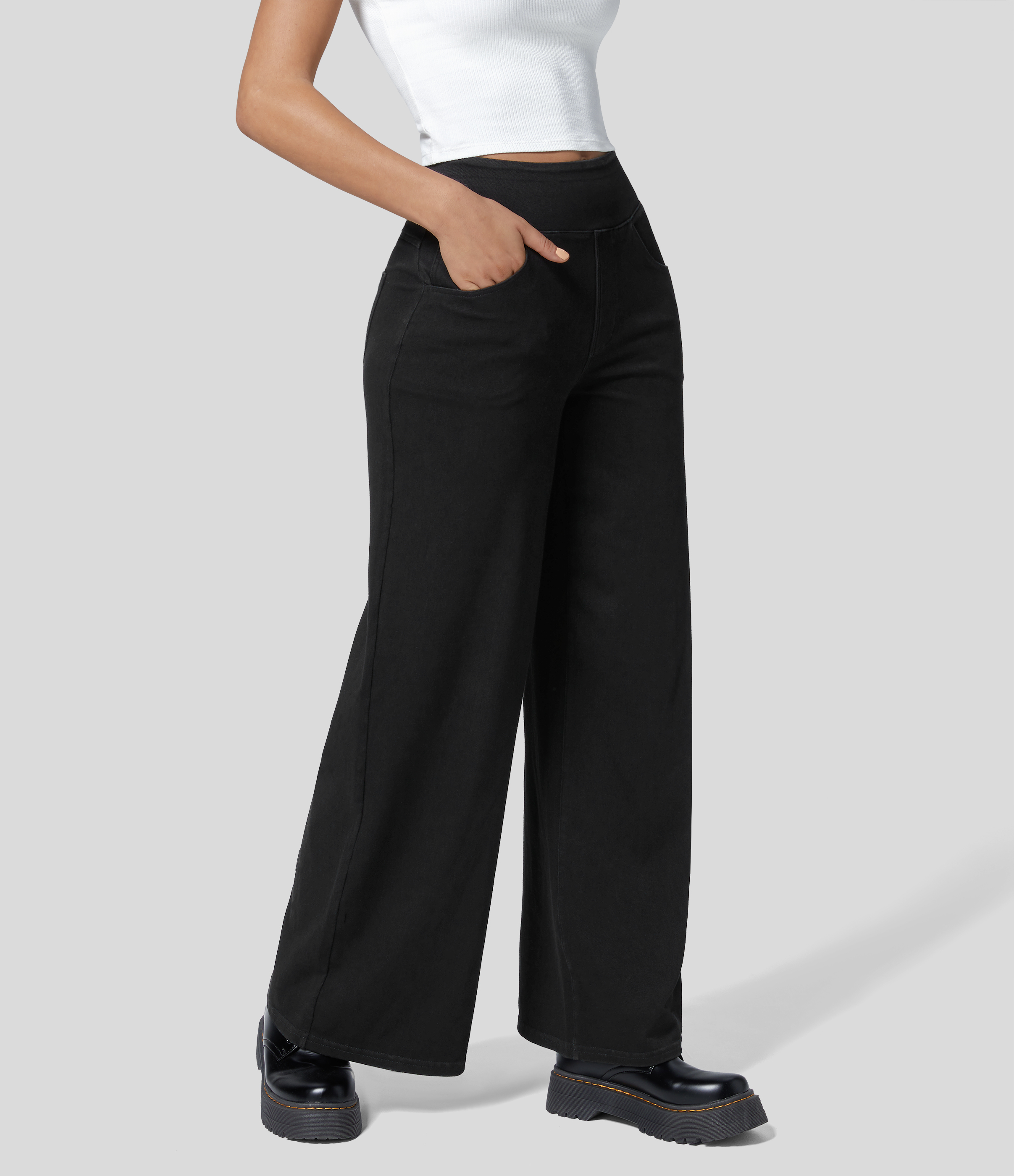 Halara HalaraMagicв„ў High Waisted Multiple Pockets Wide Leg Loose Stretchy Work Jeans  - Black Denim - L(petite) sweatpants jogger pants 