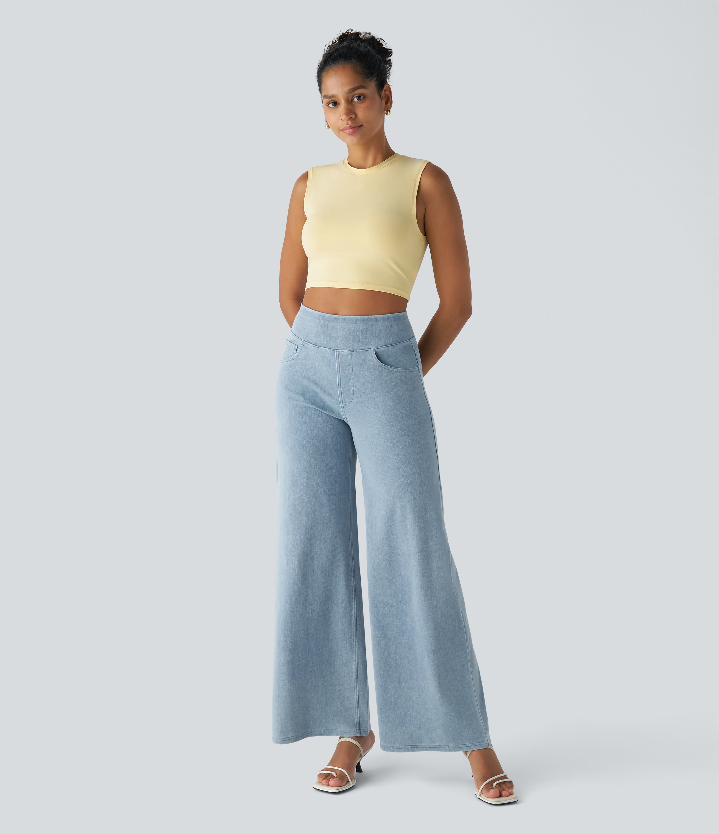 Halara HalaraMagicв„ў High Waisted Multiple Pockets Wide Leg Loose Stretchy Work Jeans  - Denim Cyan Blue - XS(regular) sweatpants jogger pants 
