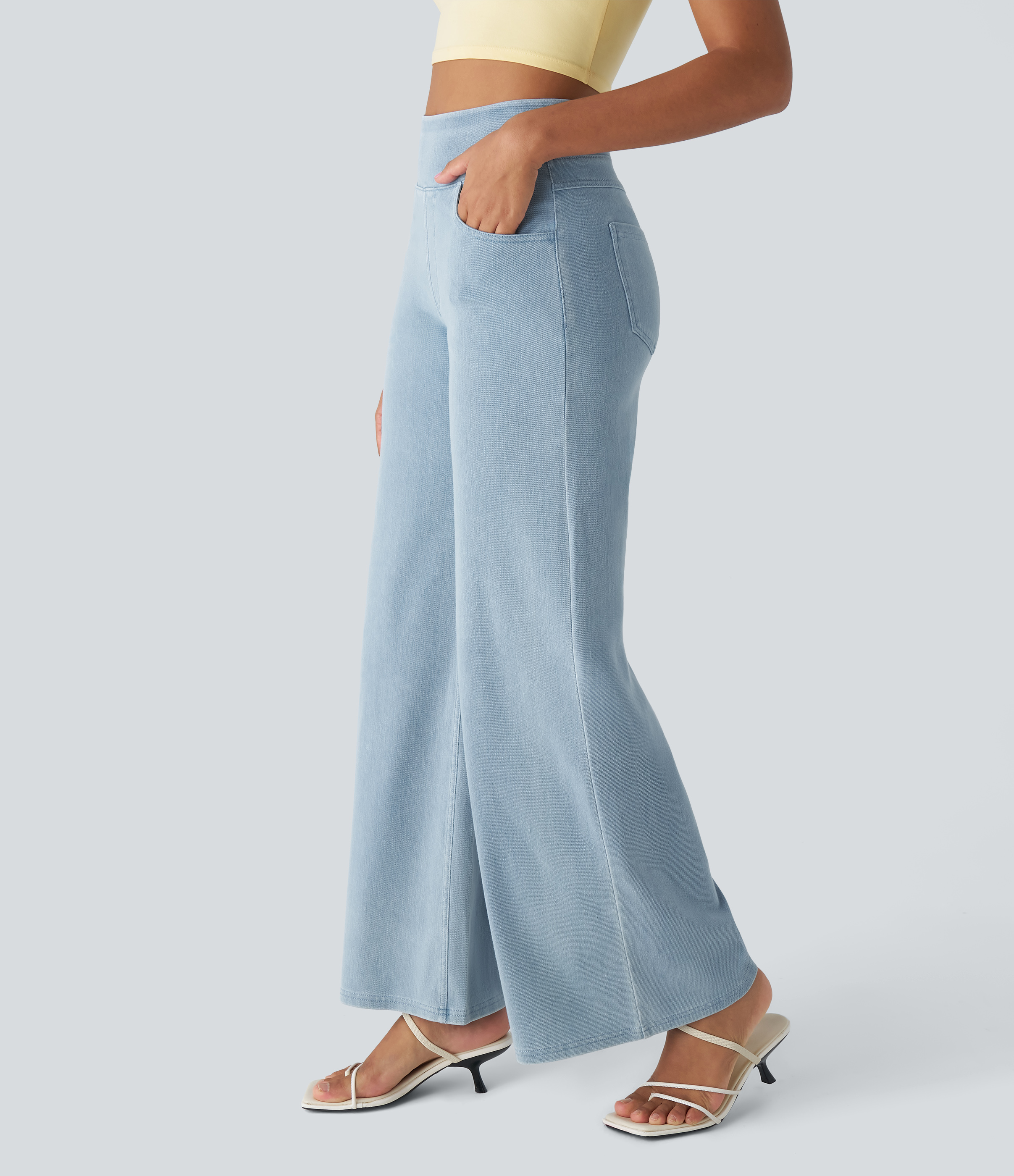 Halara HalaraMagicв„ў High Waisted Multiple Pockets Wide Leg Loose Stretchy Work Jeans  - Denim Cyan Blue - XS(regular) sweatpants jogger pants 