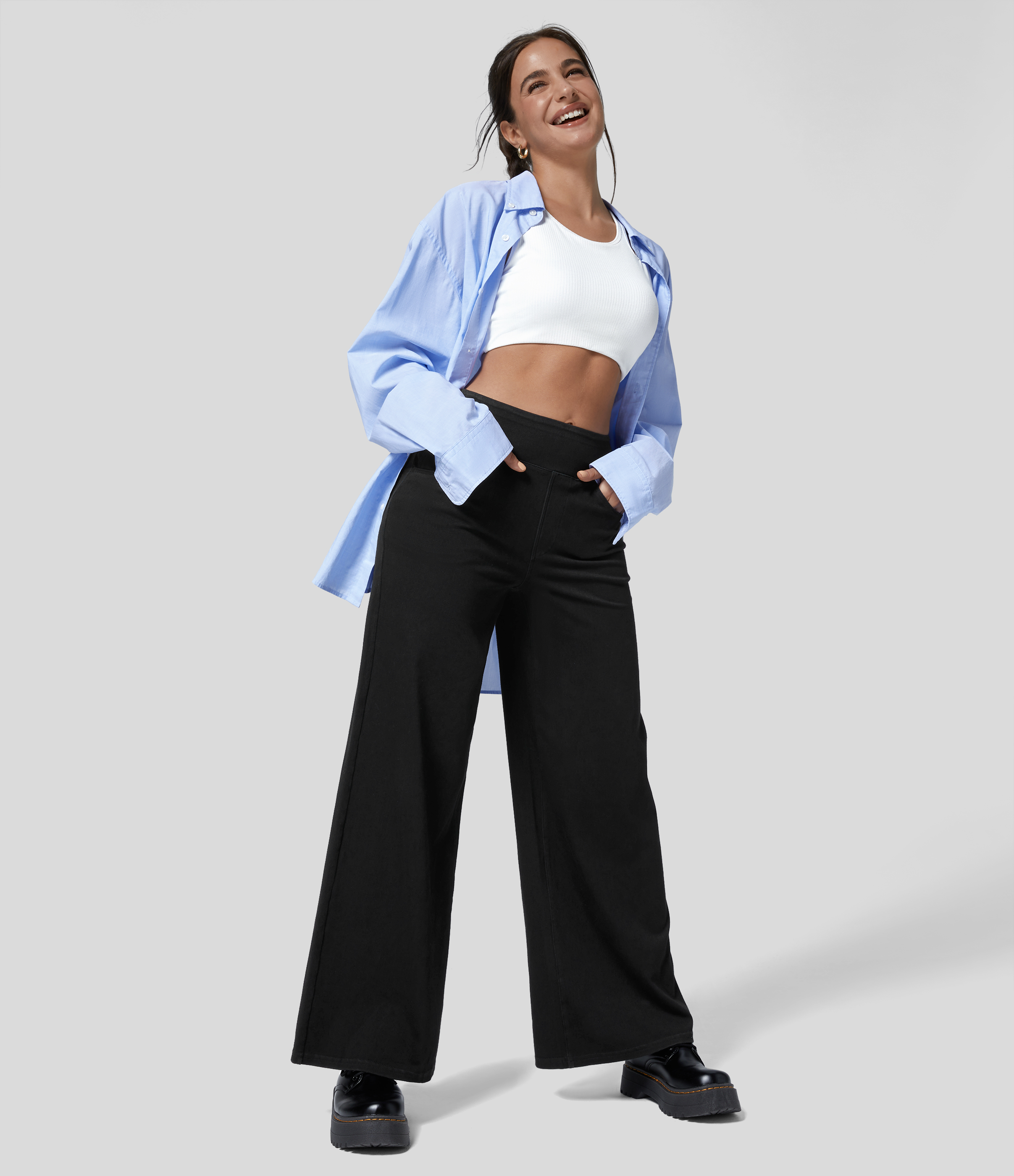 Halara HalaraMagicв„ў High Waisted Multiple Pockets Wide Leg Loose Stretchy Work Jeans  - Black Denim - L(petite) sweatpants jogger pants 