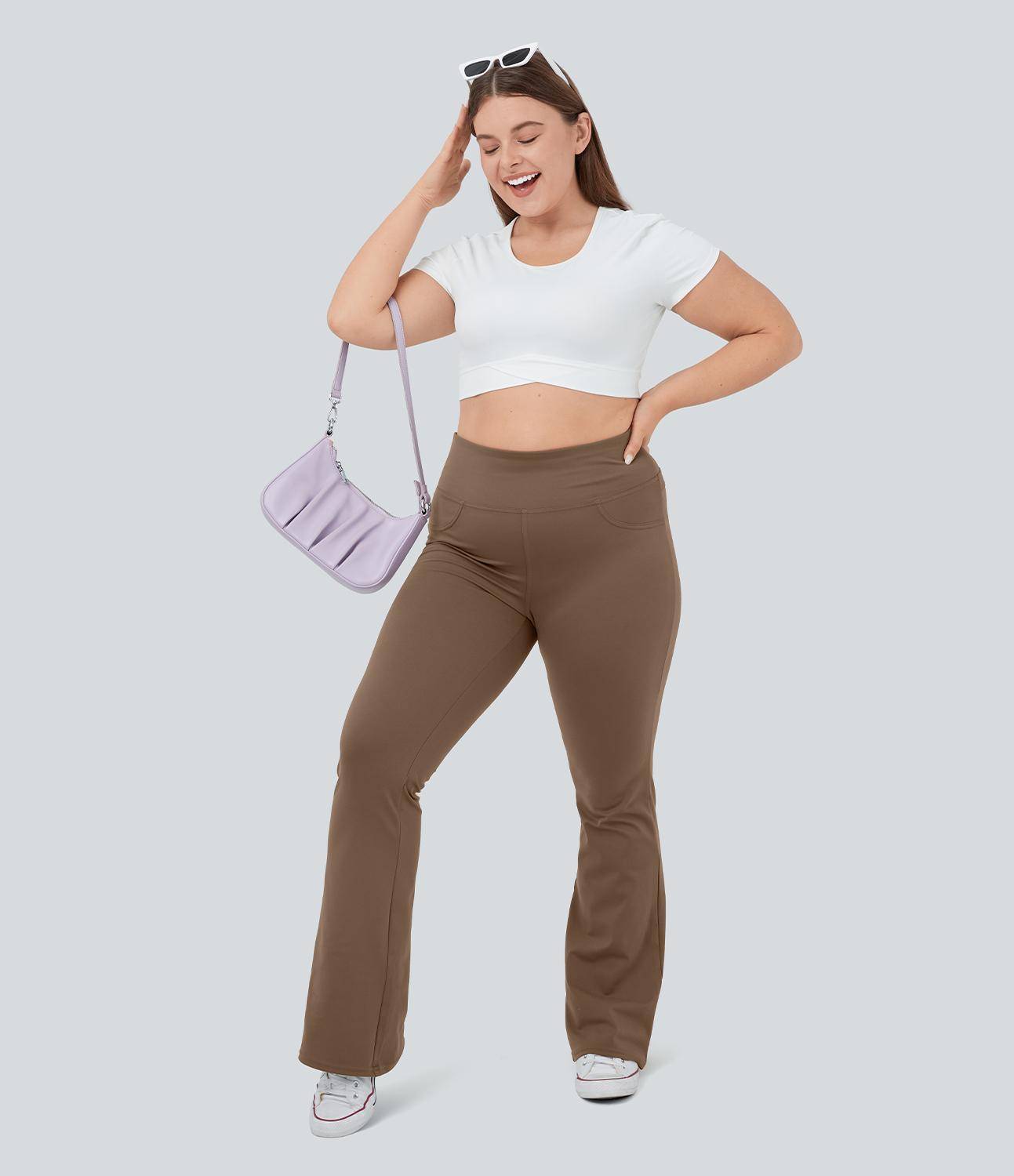 Halara High Waisted Back Pocket Flare Yoga Plus Size Leggings  - Sepia - 1X(regular) 