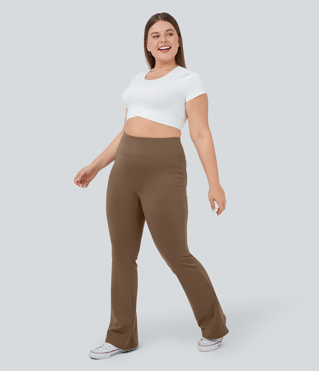 Halara High Waisted Back Pocket Flare Yoga Plus Size Leggings  - Sepia - 1X(regular) 