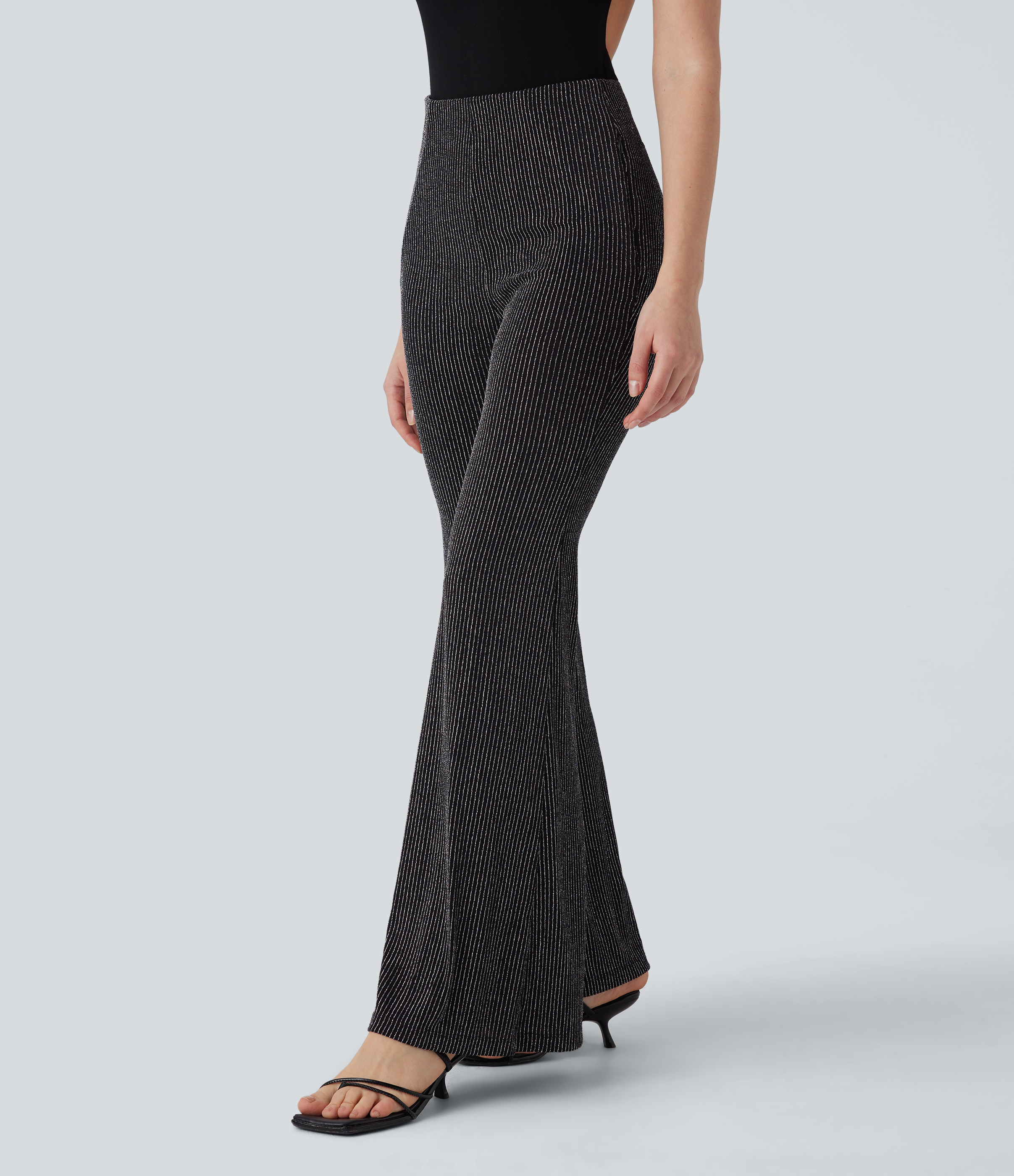 Halara High Waisted Side Zipper Pocket Metallic Stripe Casual Flare Pants  - Black White Starlight Stripe - XS(regular) sweatpants 