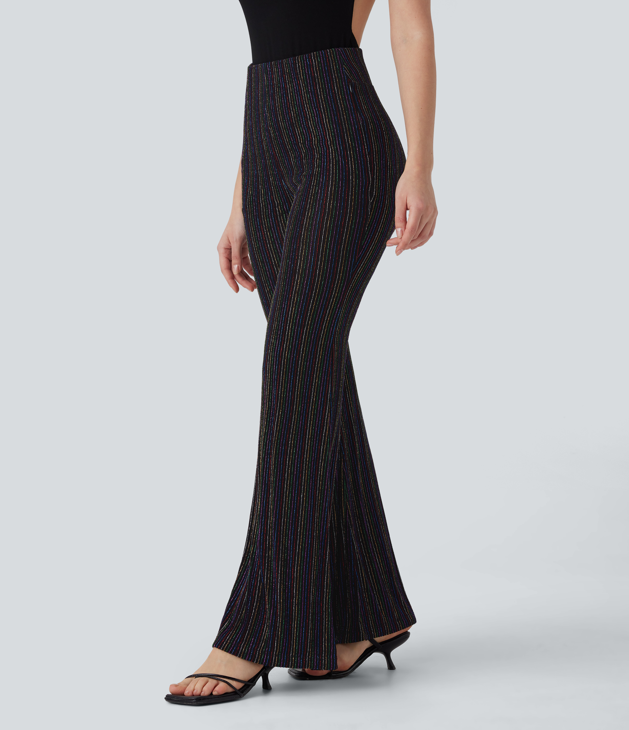 Halara High Waisted Side Zipper Pocket Metallic Stripe Casual Flare Pants  - Colorful Black Starlight Stripe - XS(regular) sweatpants 