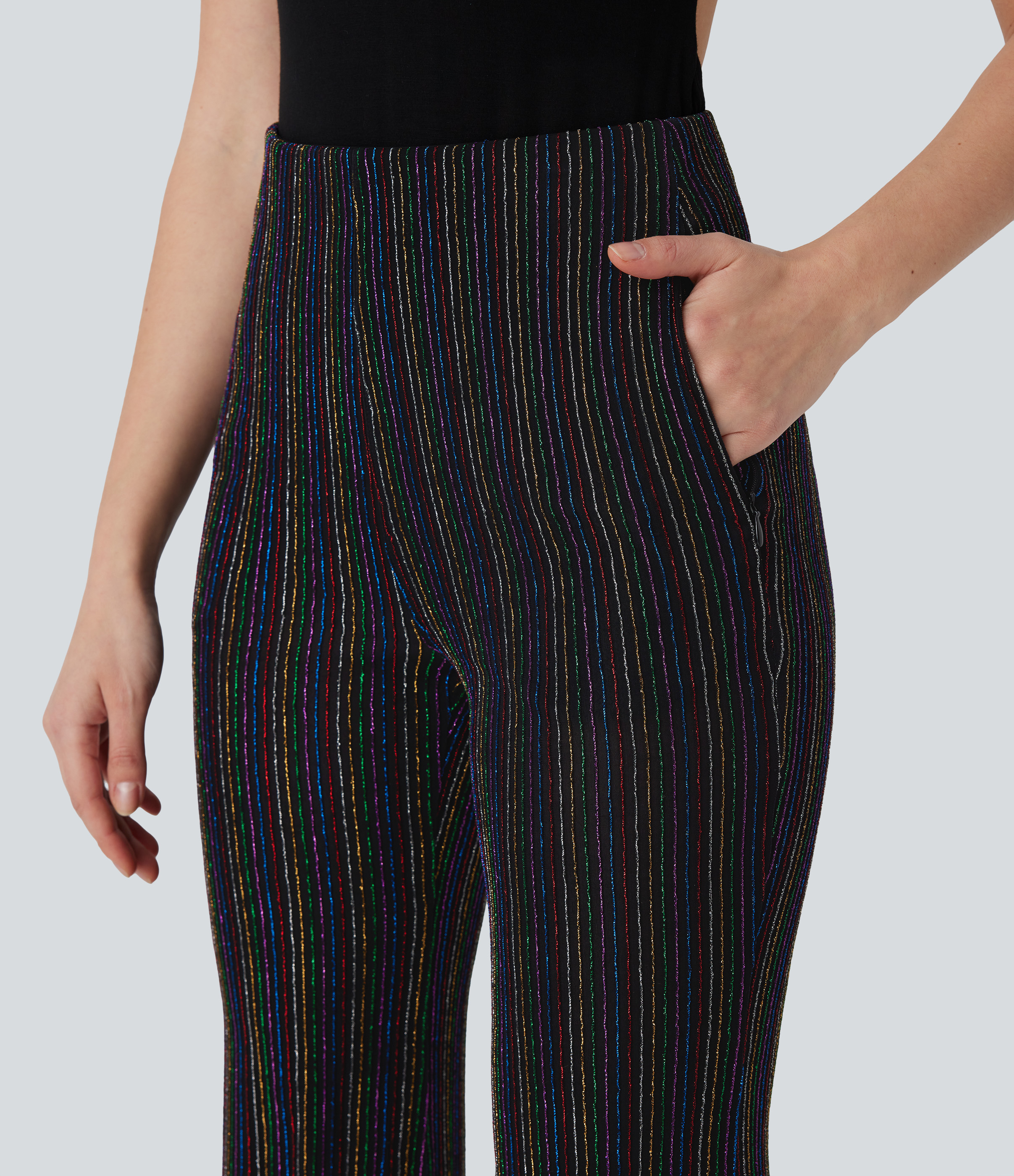 Halara High Waisted Side Zipper Pocket Metallic Stripe Casual Flare Pants  - Colorful Black Starlight Stripe - XS(regular) sweatpants 