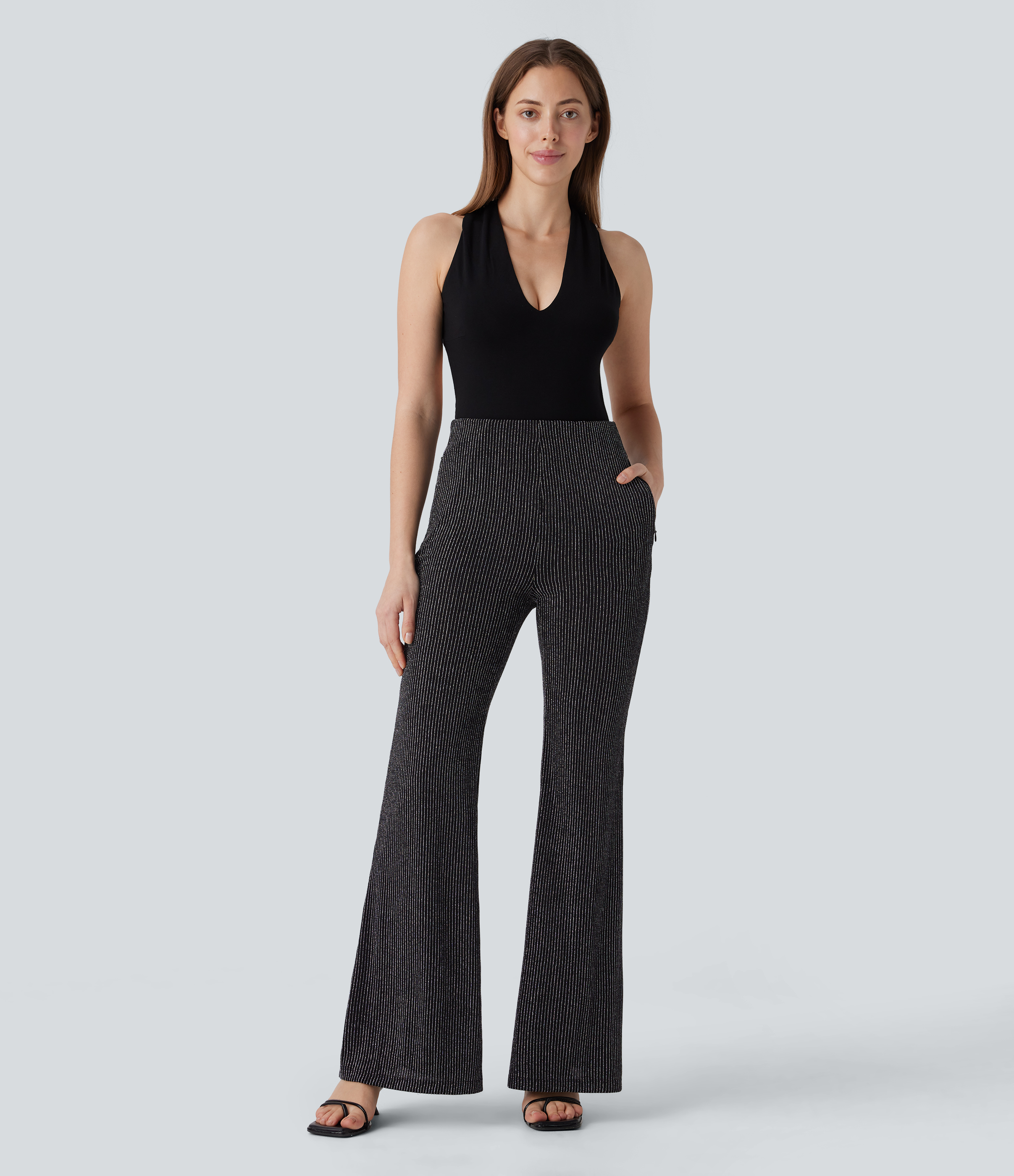 Halara High Waisted Side Zipper Pocket Metallic Stripe Casual Flare Pants  - Black White Starlight Stripe - XS(regular) sweatpants 
