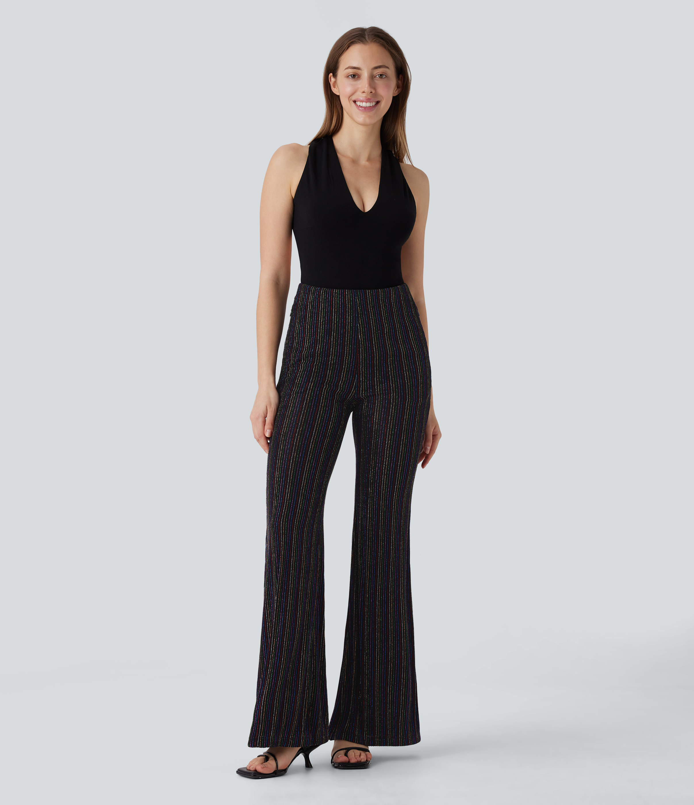 Halara High Waisted Side Zipper Pocket Metallic Stripe Casual Flare Pants  - Colorful Black Starlight Stripe - XS(regular) sweatpants 