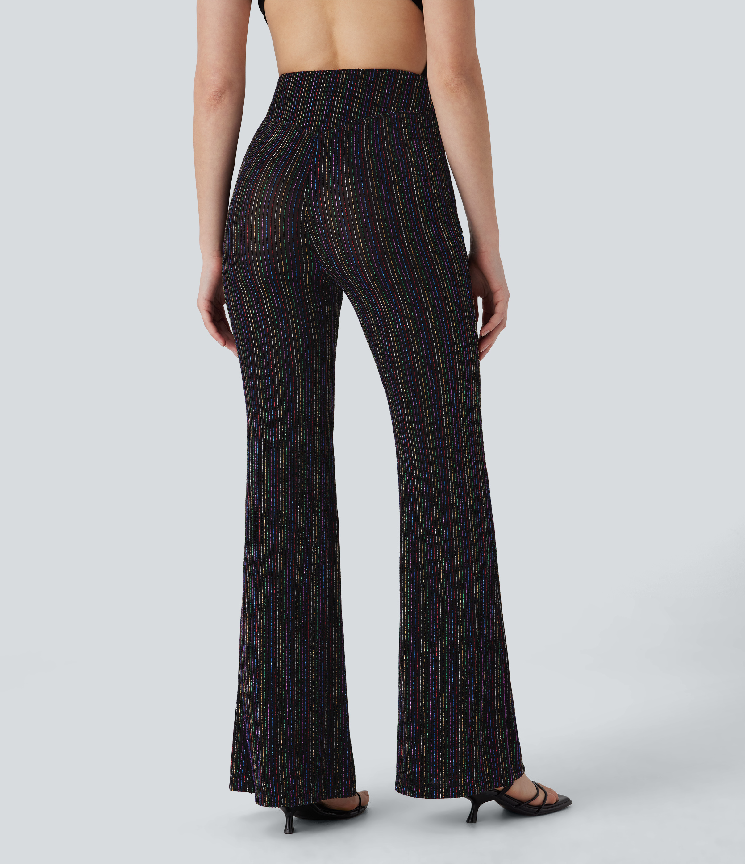 Halara High Waisted Side Zipper Pocket Metallic Stripe Casual Flare Pants  - Colorful Black Starlight Stripe - XS(regular) sweatpants 