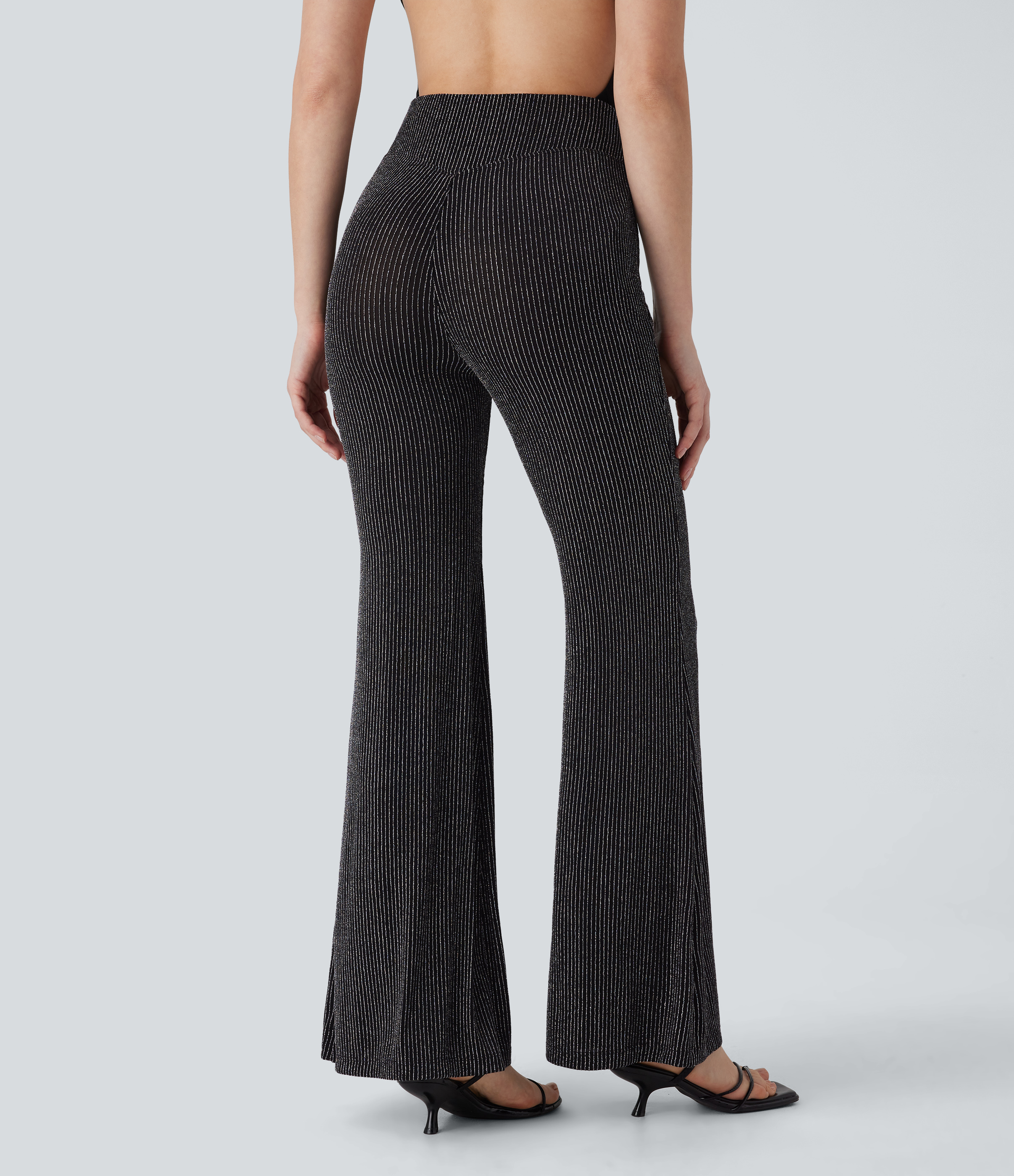 Halara High Waisted Side Zipper Pocket Metallic Stripe Casual Flare Pants  - Black White Starlight Stripe - XS(regular) sweatpants 