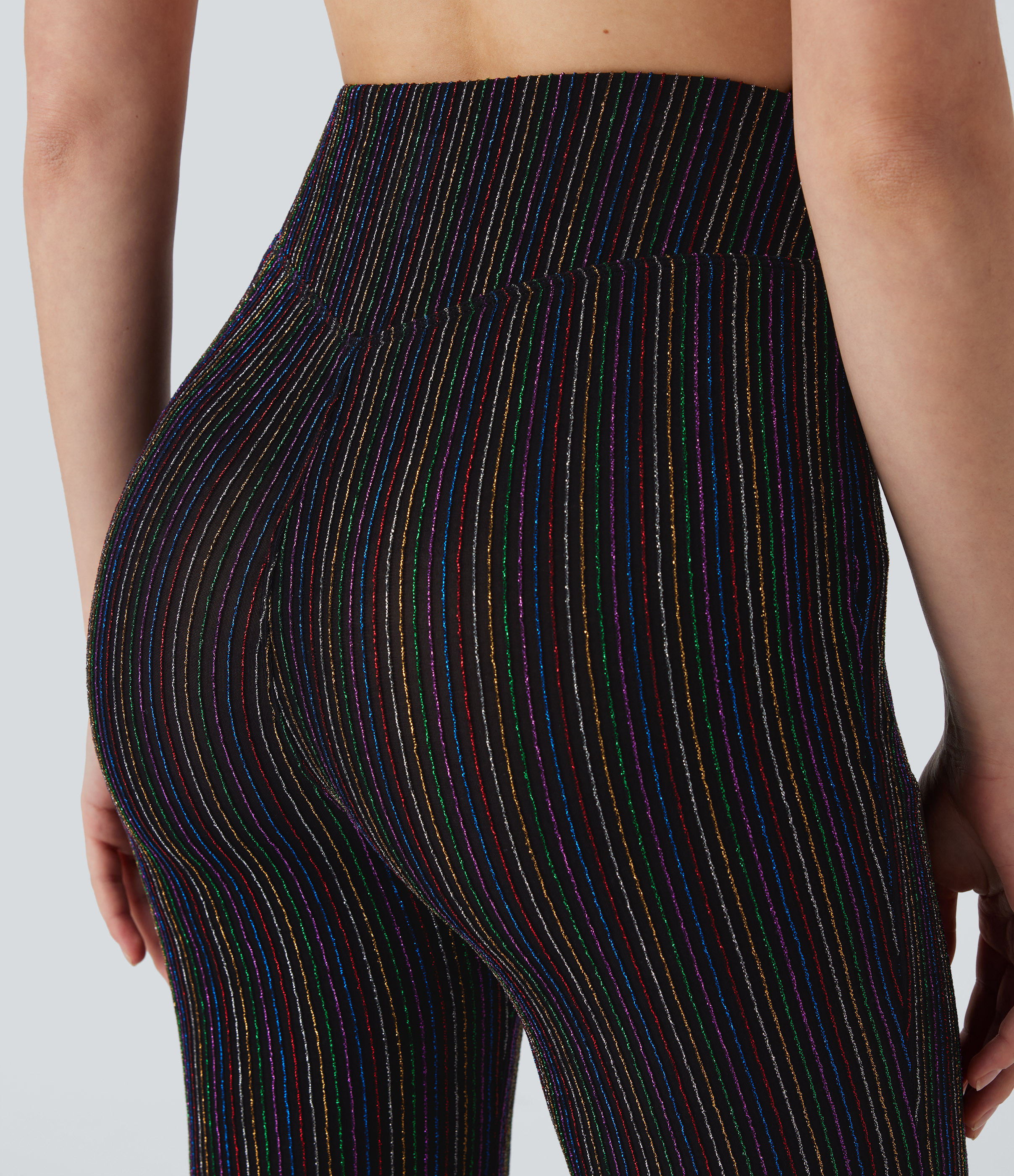 Halara High Waisted Side Zipper Pocket Metallic Stripe Casual Flare Pants  - Colorful Black Starlight Stripe - XS(regular) sweatpants 