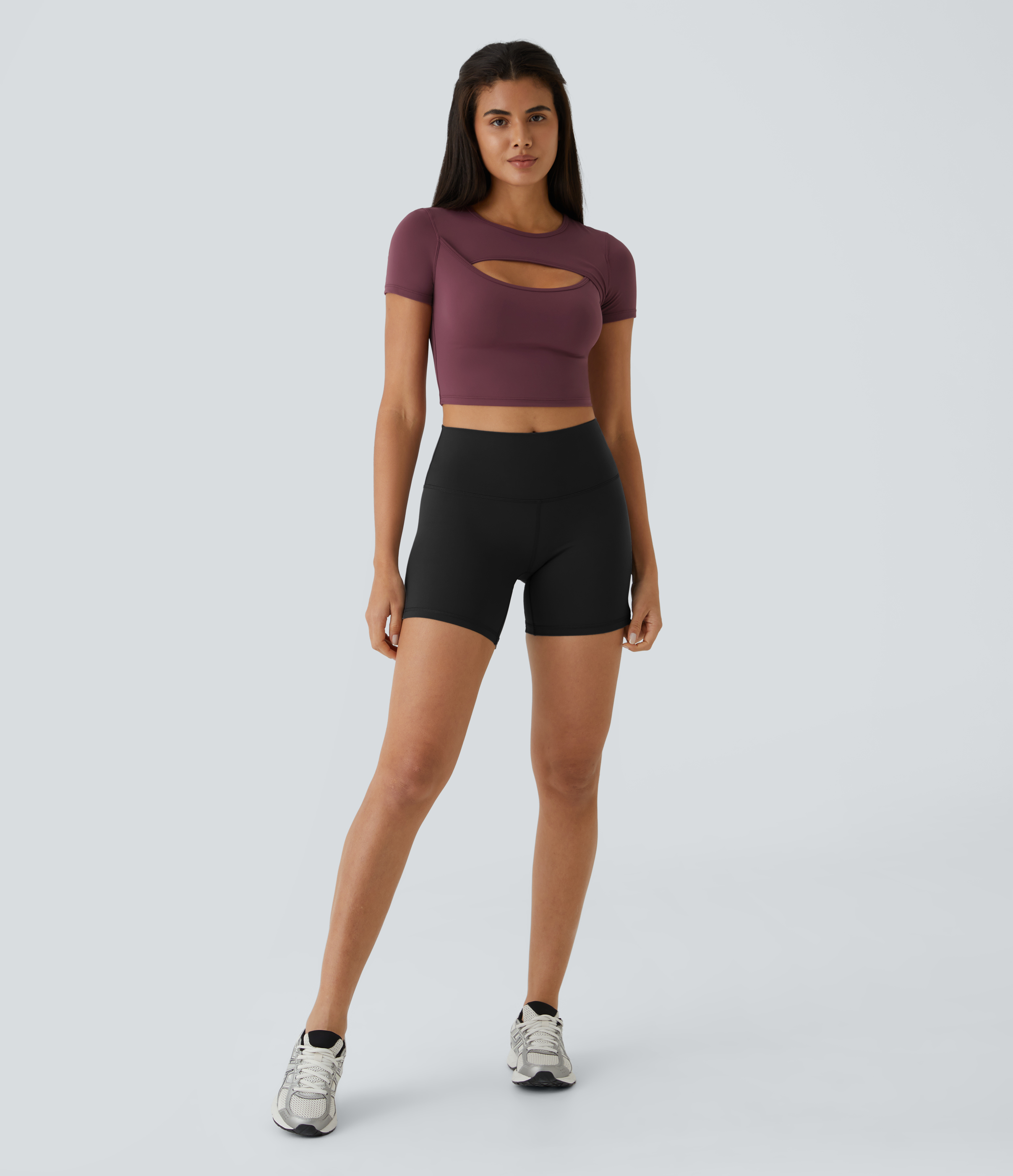Halara Cloudfulв„ў Fabric Round Neck Cut Out Short Sleeve Cropped Barre Ballet Dance Sports Top  - Red Mahogany - XS 