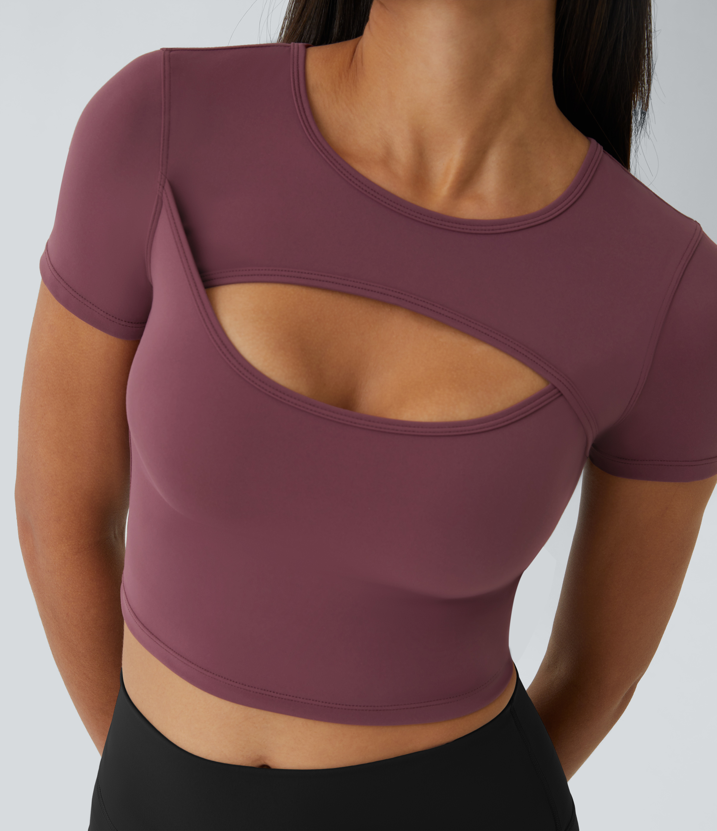 Halara Cloudfulв„ў Fabric Round Neck Cut Out Short Sleeve Cropped Barre Ballet Dance Sports Top  - Red Mahogany - XS 