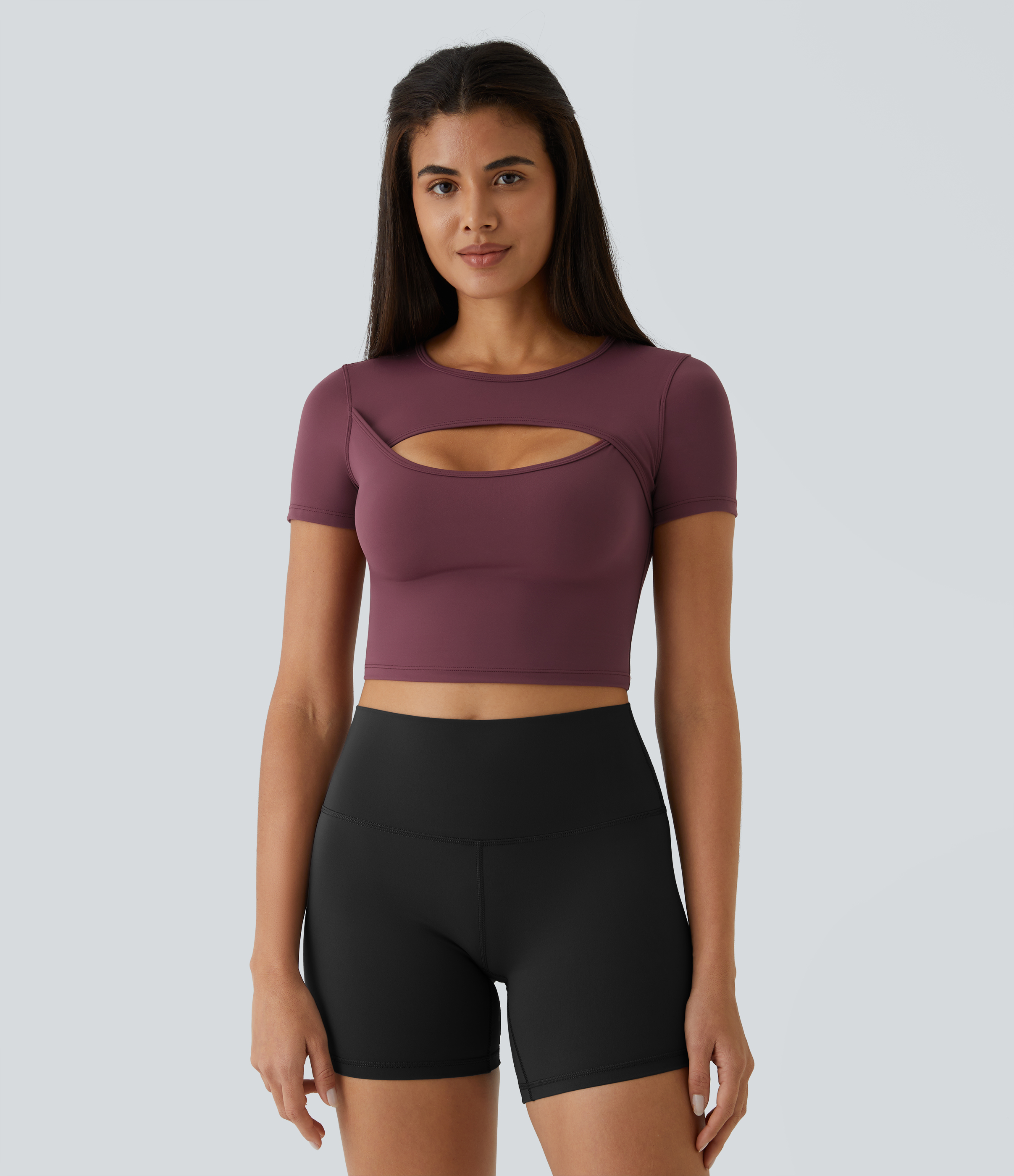 Halara Cloudfulв„ў Fabric Round Neck Cut Out Short Sleeve Cropped Barre Ballet Dance Sports Top  - Red Mahogany - XS 