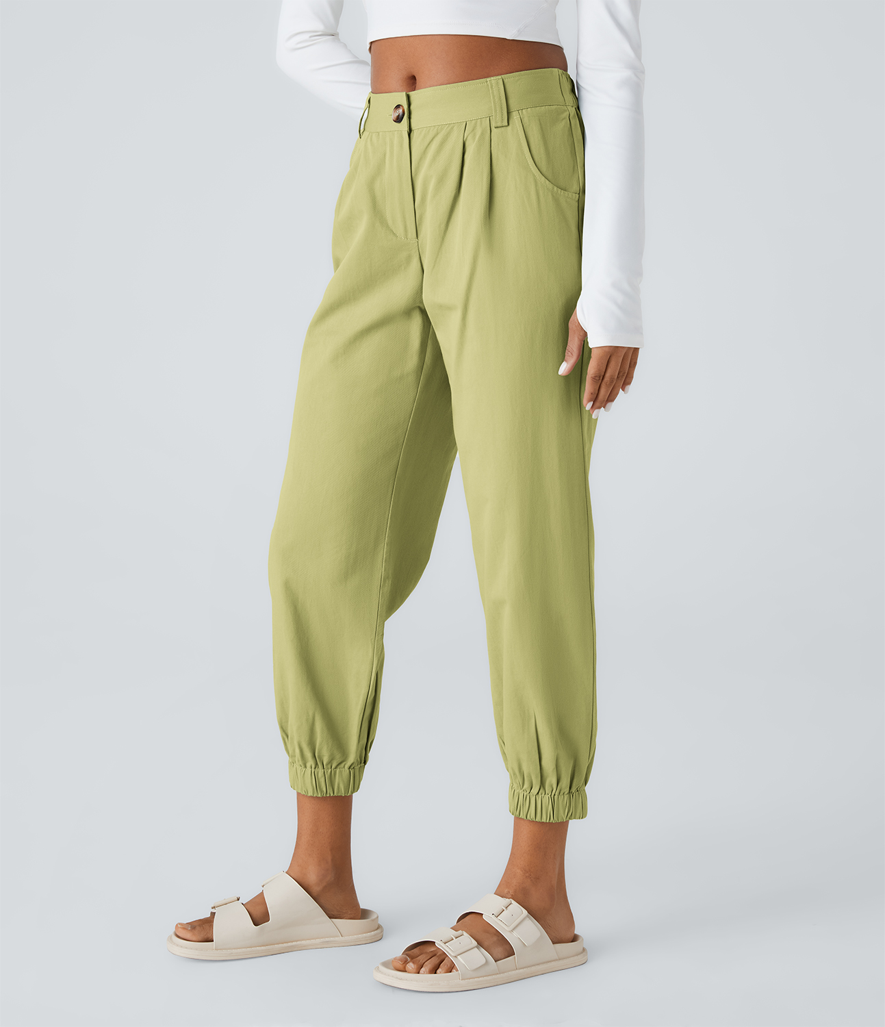 

Halara Mid Rise Button Zipper Side Pocket Casual Cotton Joggers - Leek Green