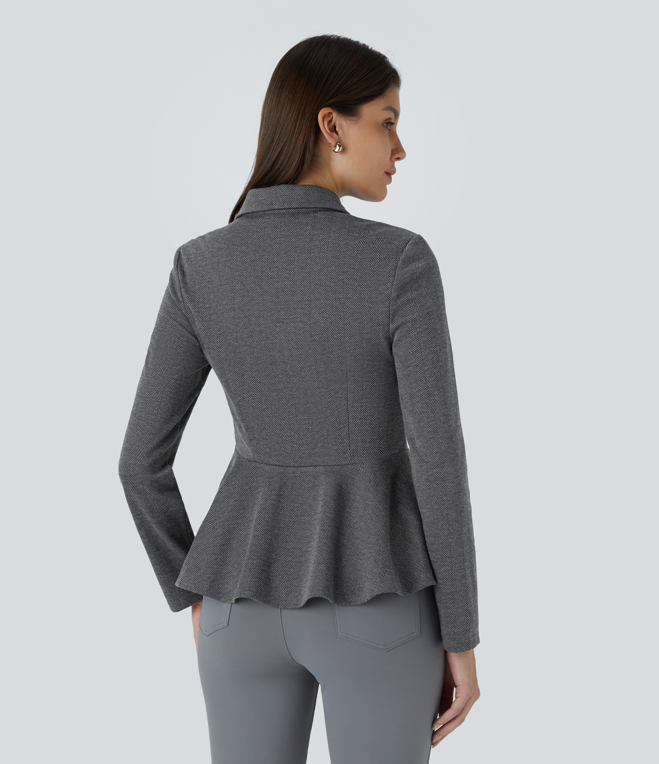 Halara Collared Button Long Sleeve Ruffle Hem Herringbone Work Jacket  - Hemp Black Leaf Texture - M 