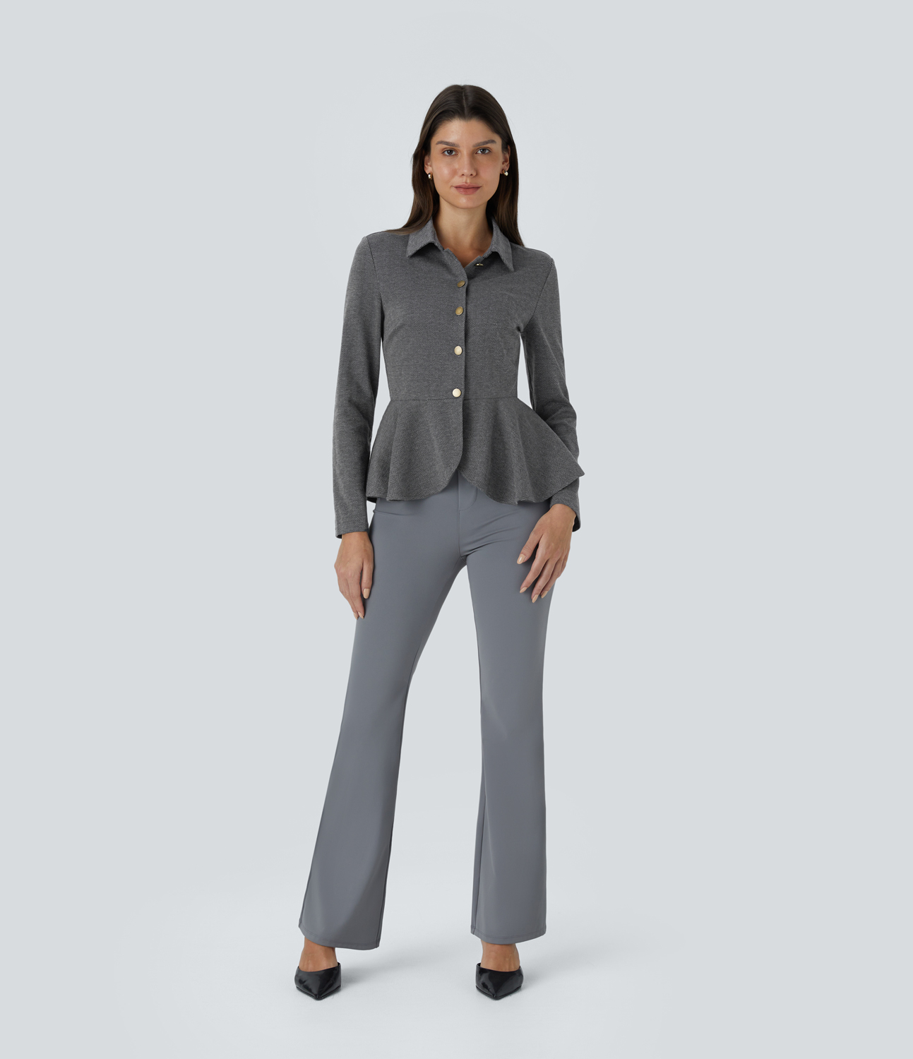 Halara Collared Button Long Sleeve Ruffle Hem Herringbone Work Jacket  - Hemp Black Leaf Texture - M 