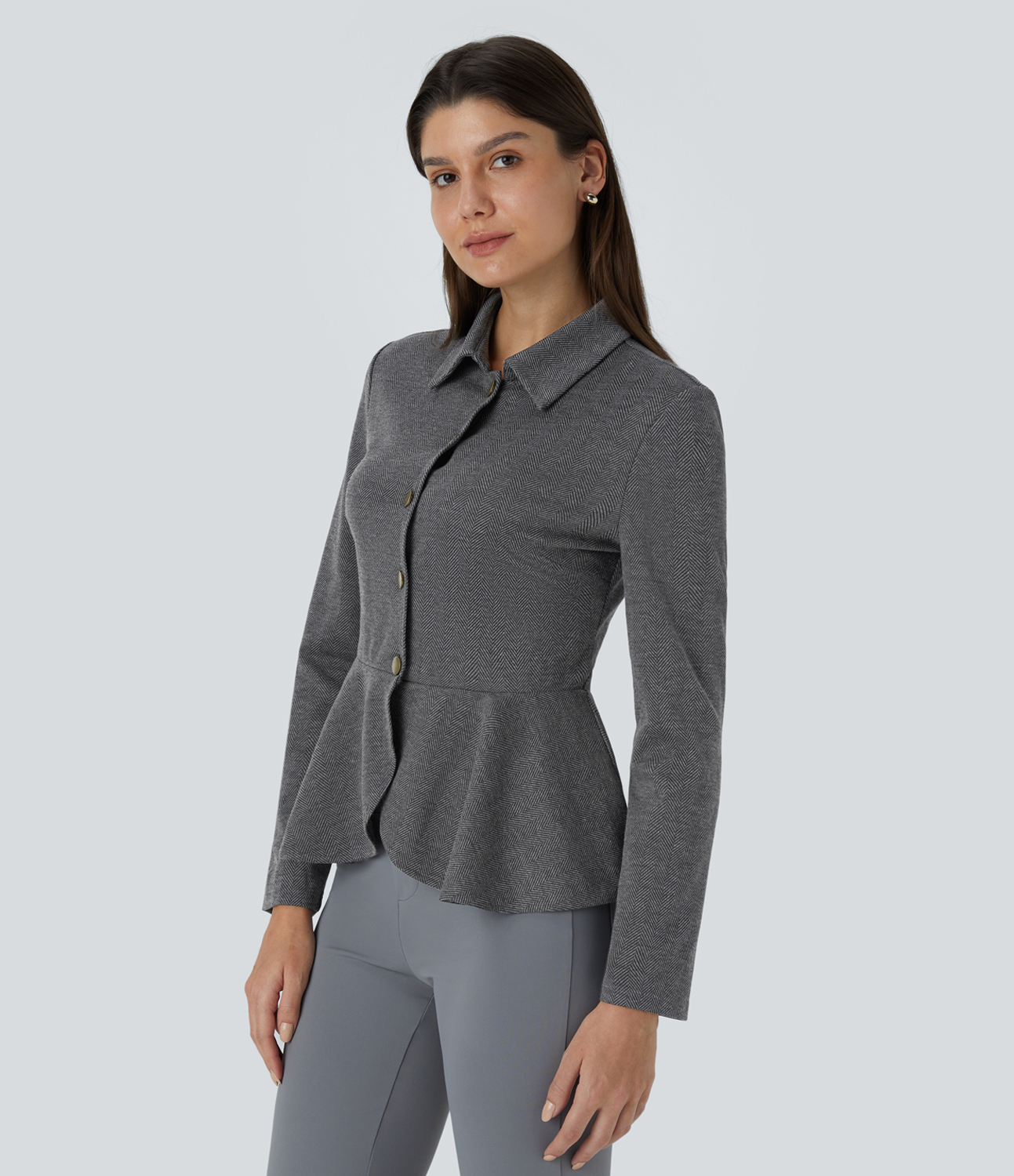 Halara Collared Button Long Sleeve Ruffle Hem Herringbone Work Jacket  - Hemp Black Leaf Texture - M 