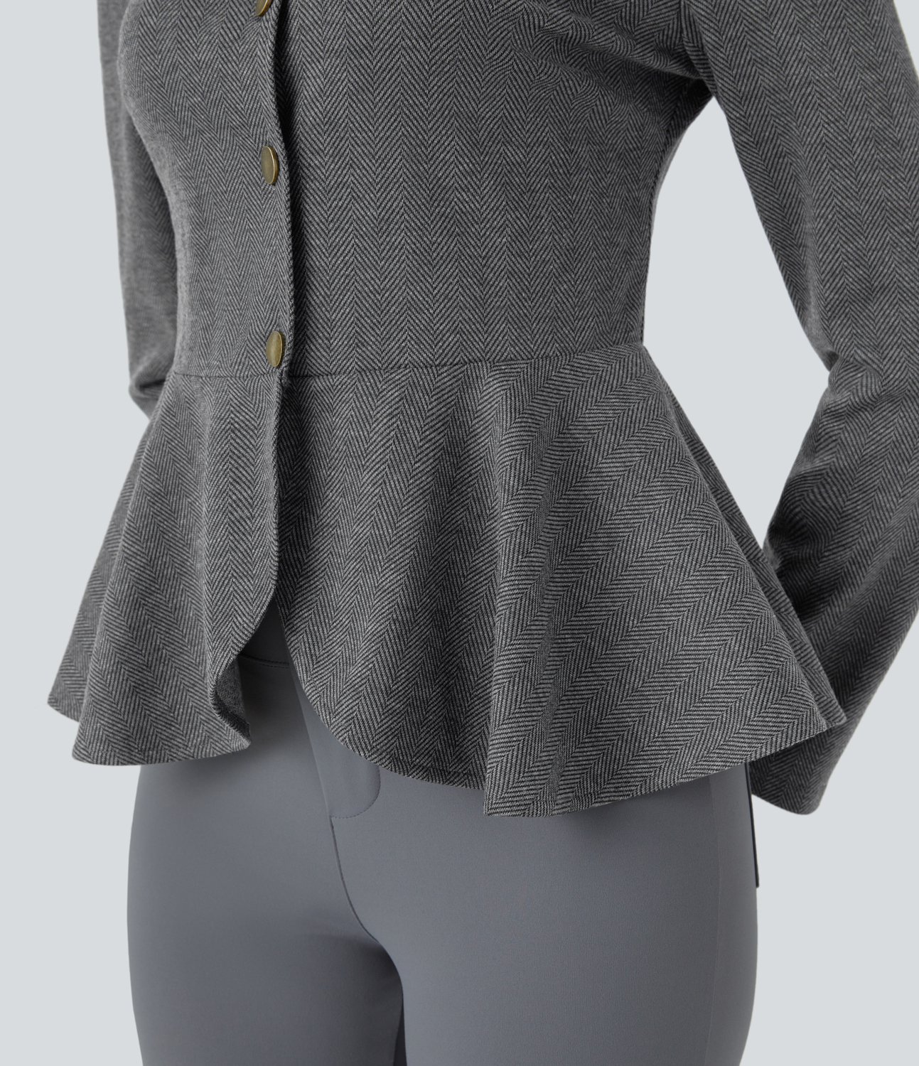 Halara Collared Button Long Sleeve Ruffle Hem Herringbone Work Jacket  - Hemp Black Leaf Texture - M 