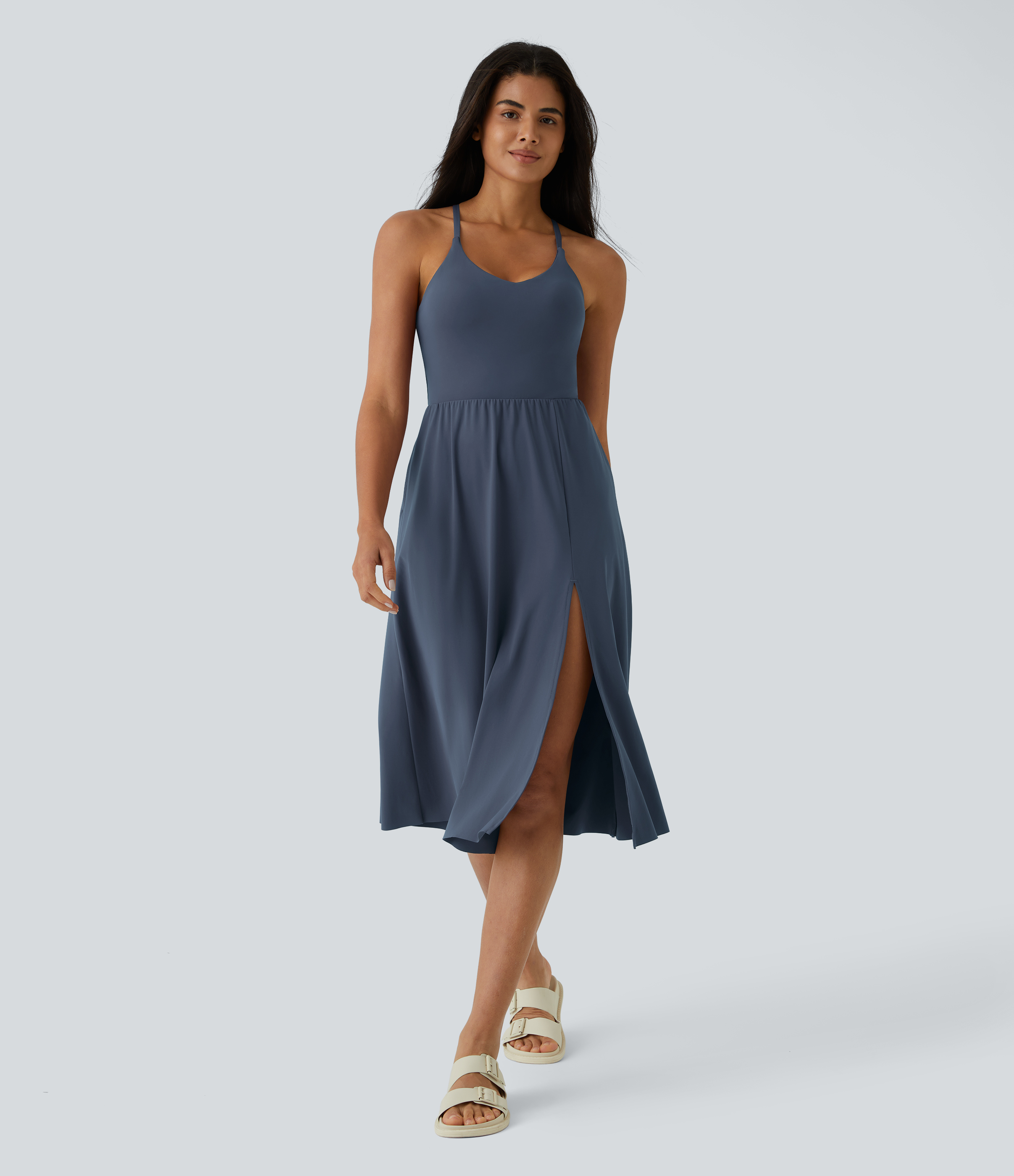 Halara Everyday Midi Chill Dress-La Land Casual Dress - Mood Indigo - XS slip dress beach dress ruched dress halter dress exercise dress 