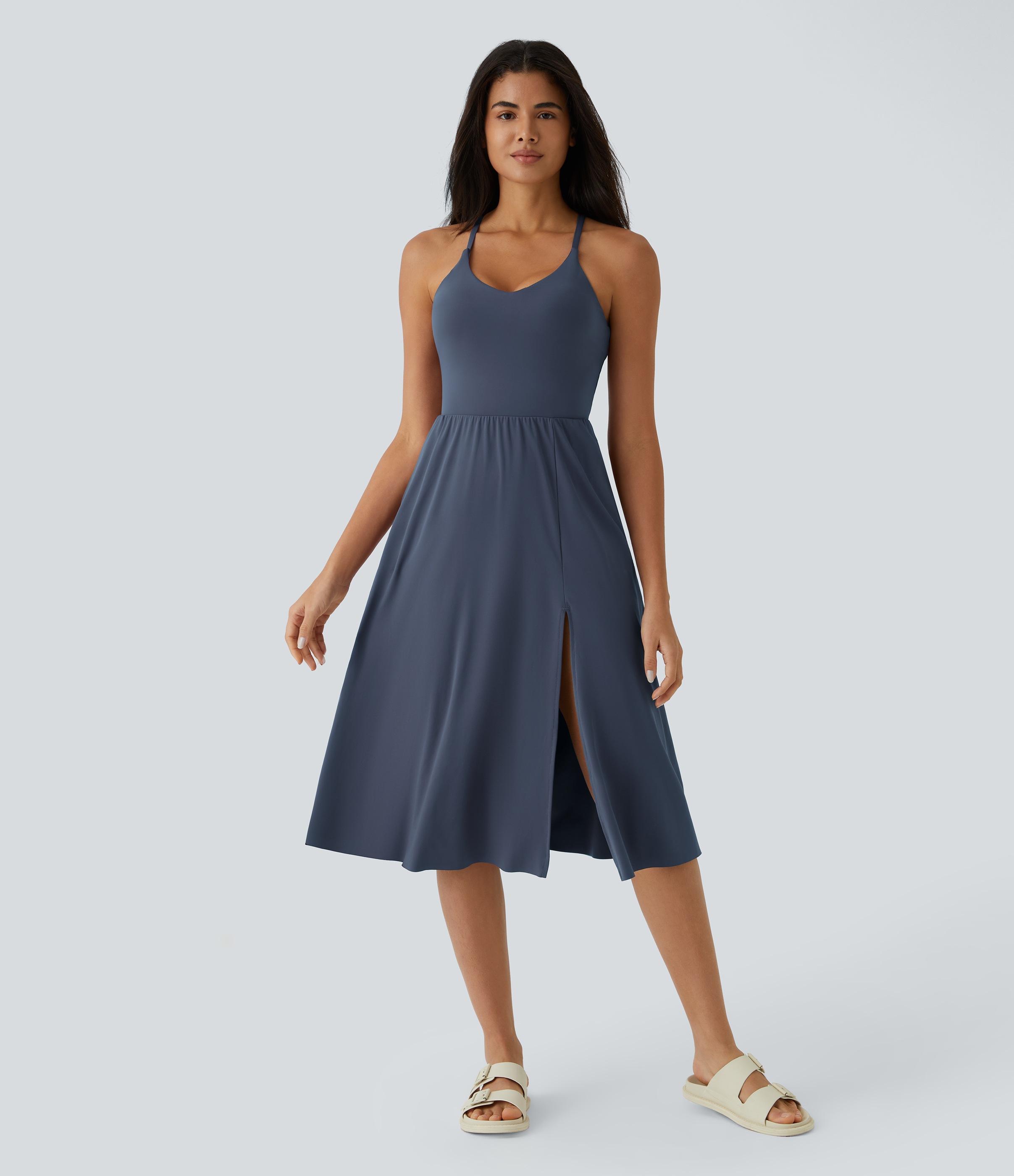 Halara Everyday Midi Chill Dress-La Land Casual Dress - Mood Indigo - XS slip dress beach dress ruched dress halter dress exercise dress 