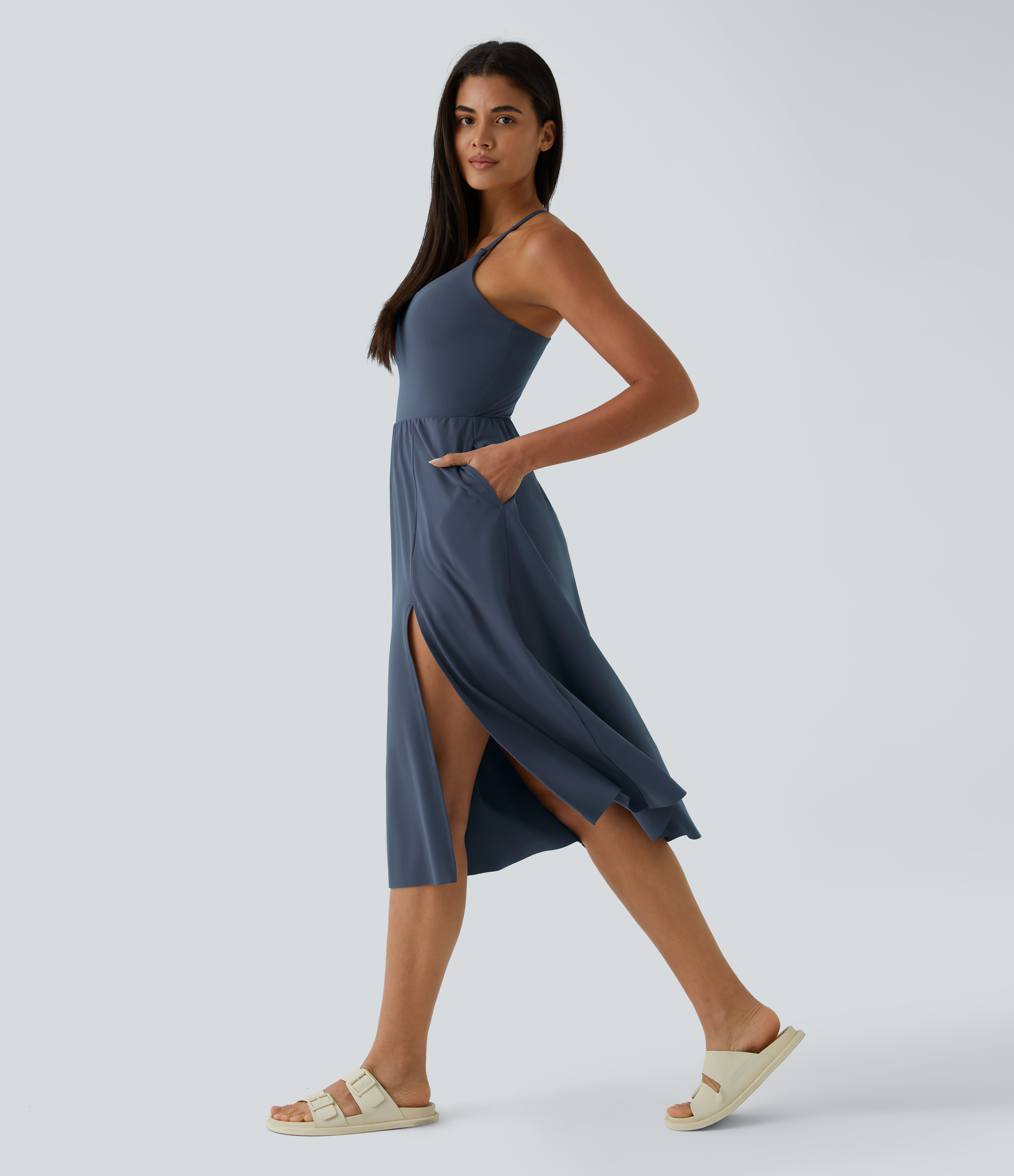 Halara Everyday Midi Chill Dress-La Land Casual Dress - Mood Indigo - XS slip dress beach dress ruched dress halter dress exercise dress 
