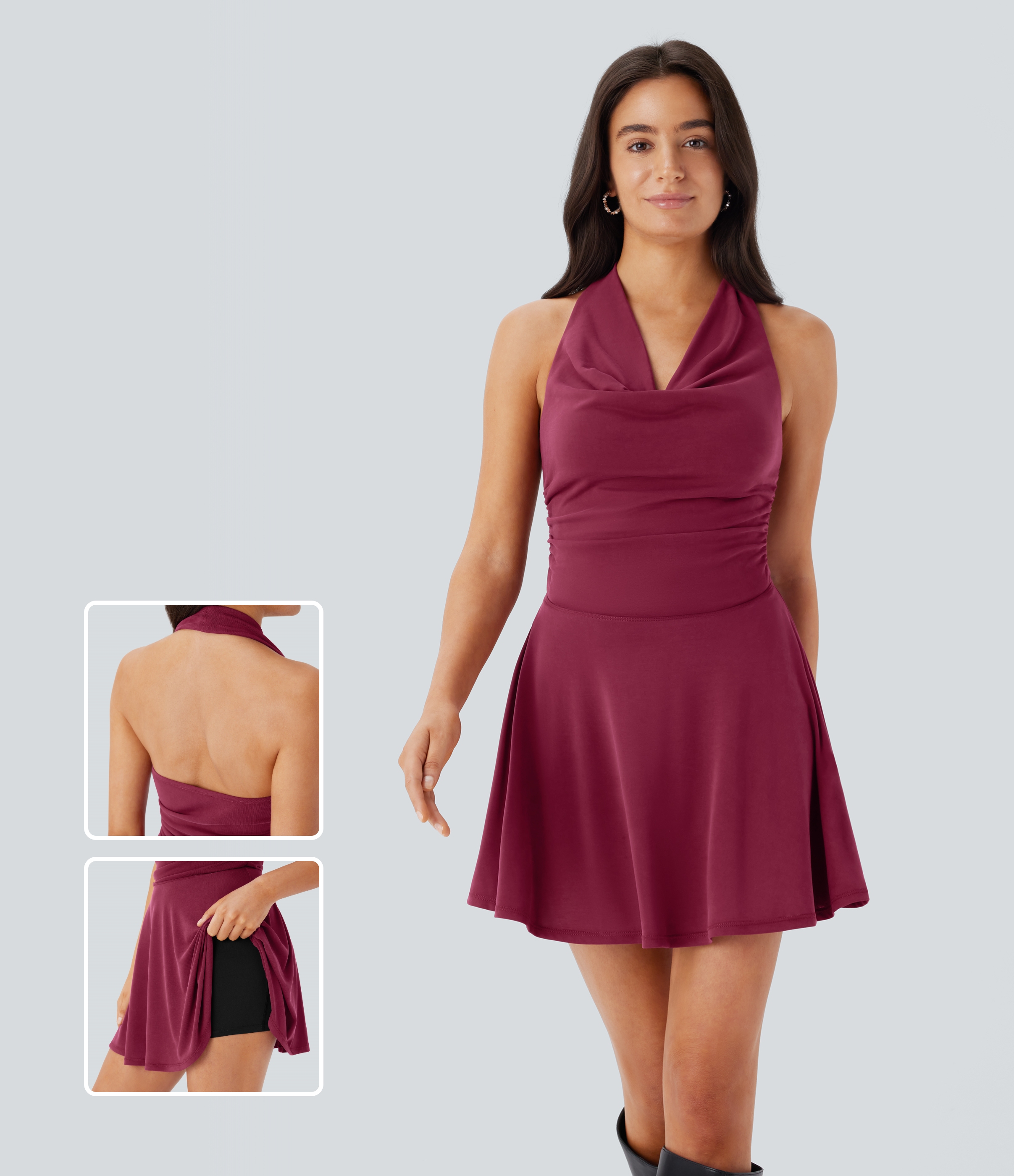 Halara Halter Cowl Neck Backless Ruched 2-in-1 Micro Party Dress Casual Dress - Oxblood Red - L slip dress beach dress ruched dress 