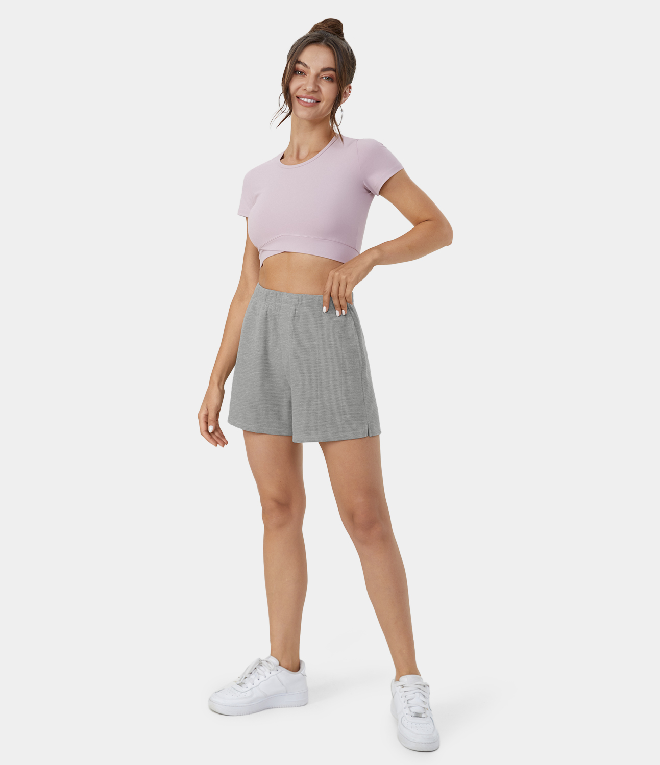 

Halara High Waisted Side Pocket Plus Back Pocket Waffle Casual Cotton Shorts 4" - Fog Gray