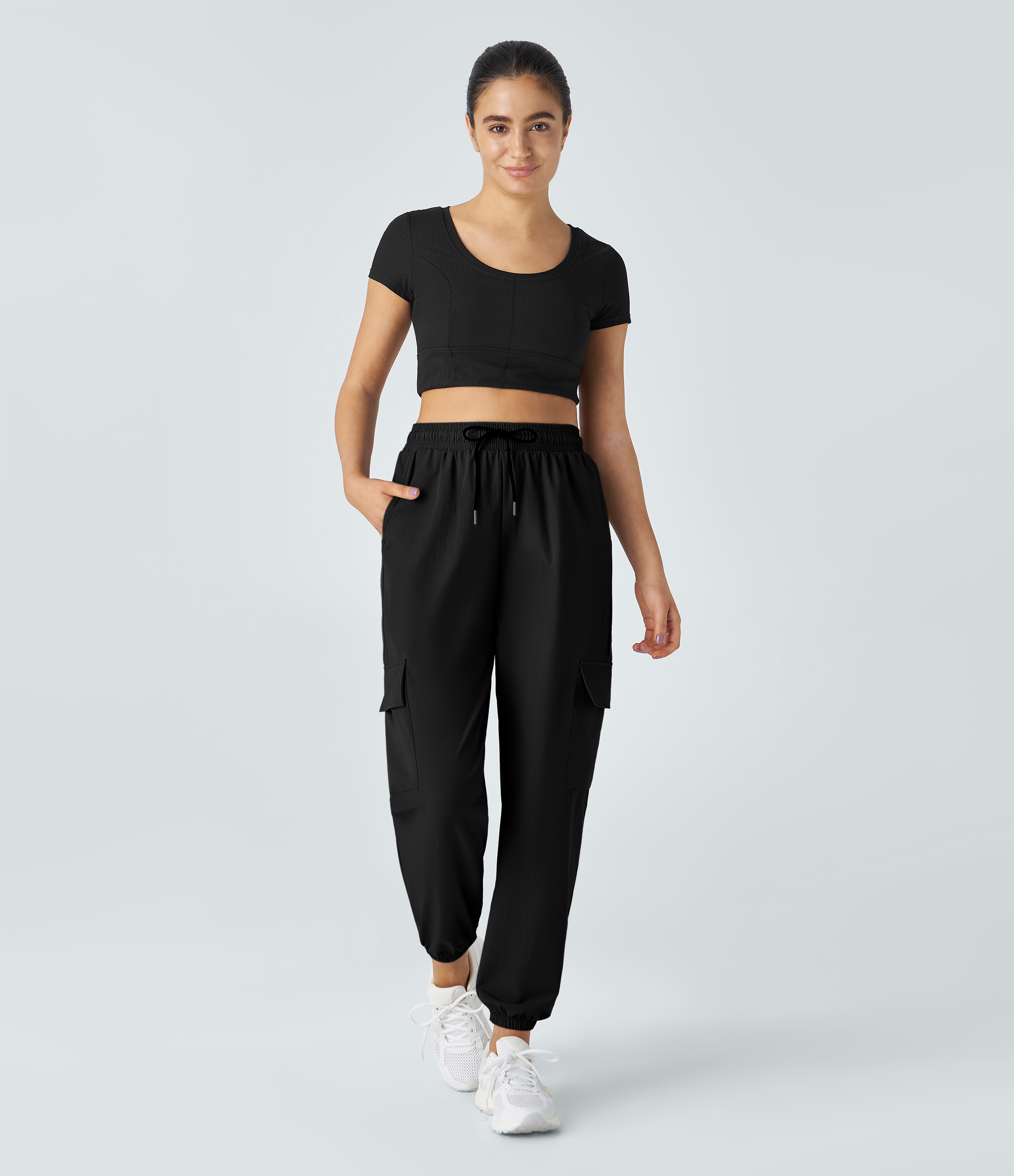 Halara Mid Rise Drawstring Side Pocket Casual Cargo Joggers  - Black - M 