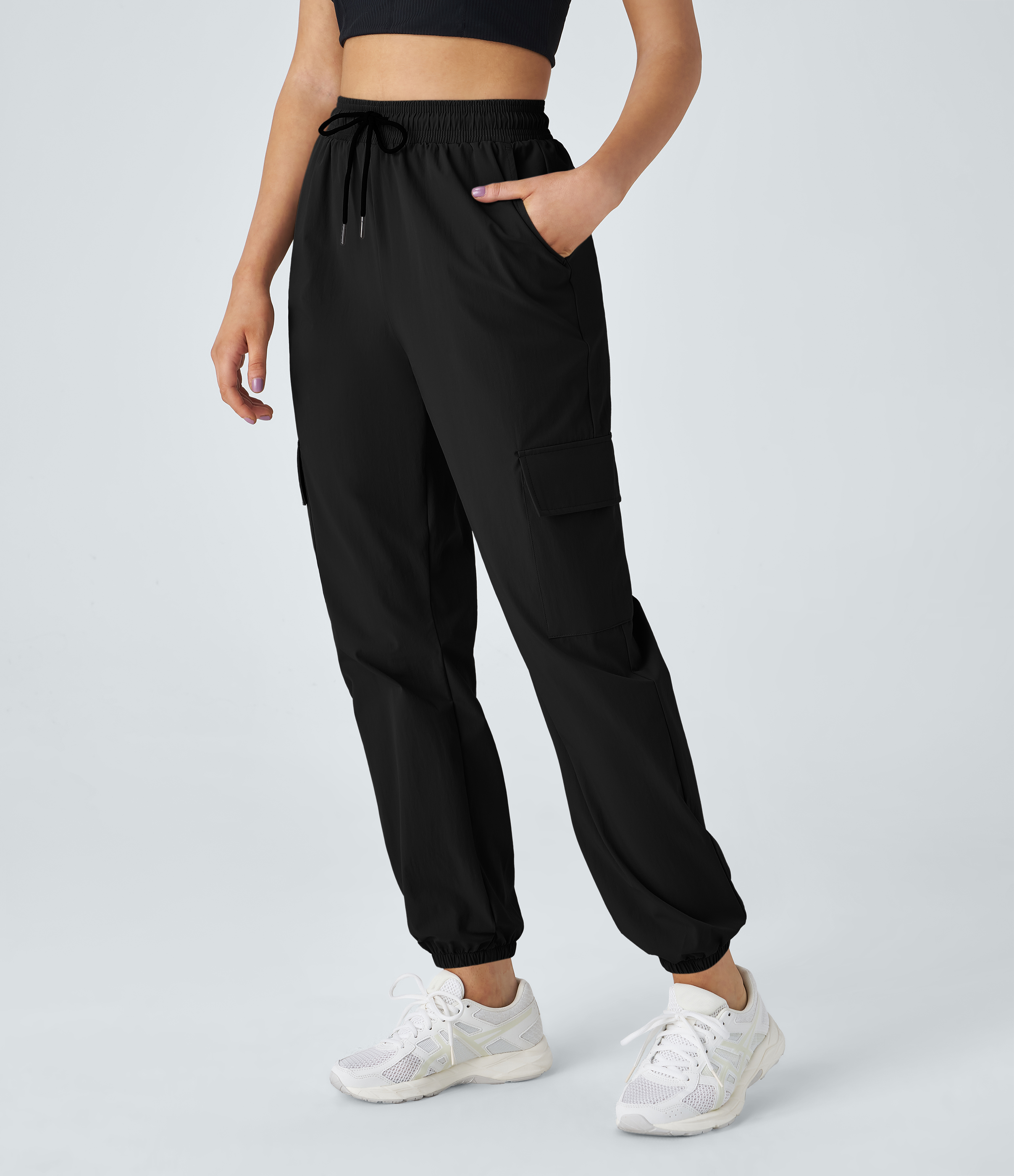 Halara Mid Rise Drawstring Side Pocket Casual Cargo Joggers  - Black - M 