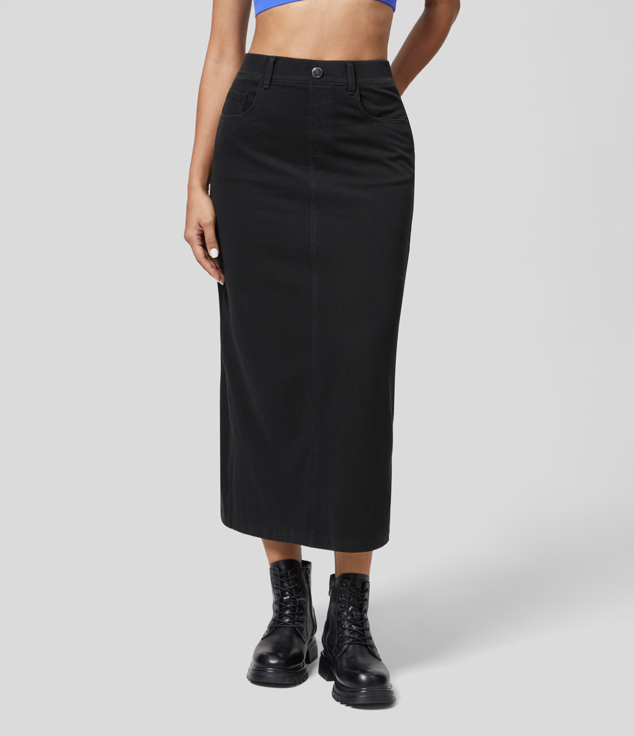 Halara Flex™ High Waisted Multiple Pockets Split Cool Touch Washed Stretchy Knit Denim Casual Skirt