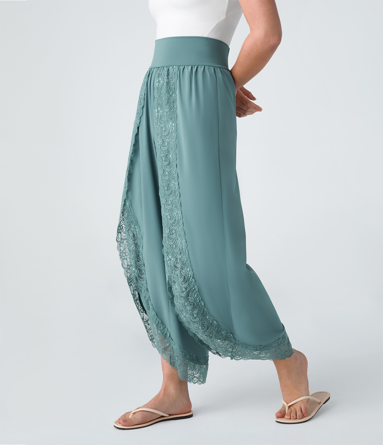 

Halara Breezefulв„ў High Waisted Back Waistband Pocket Palazzo Flowy Split Lace Wide Leg Quick Dry Casual Pants - Stone Blue