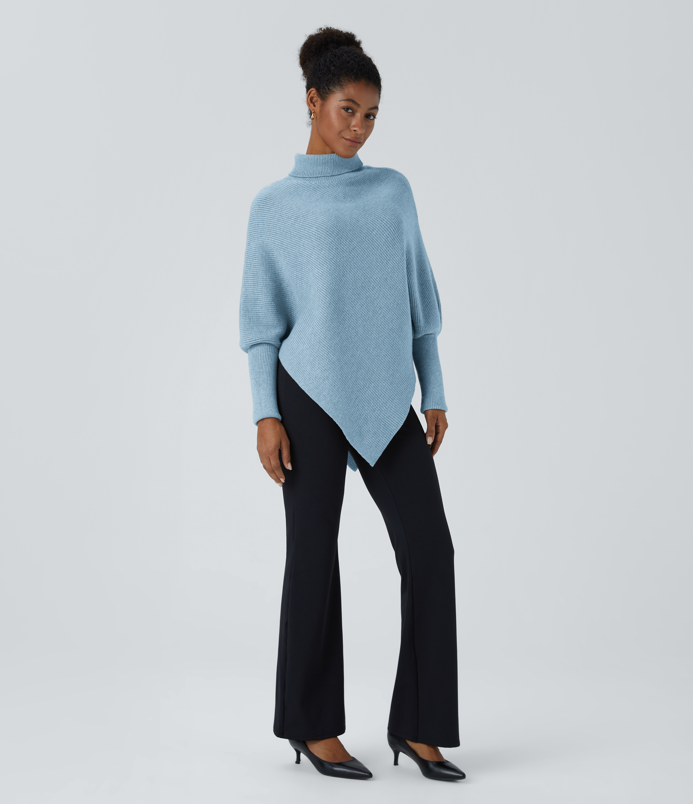 Halara High Neck Long Sleeve Asymmetric Hem Work Sweater  - Cool Blue - M 