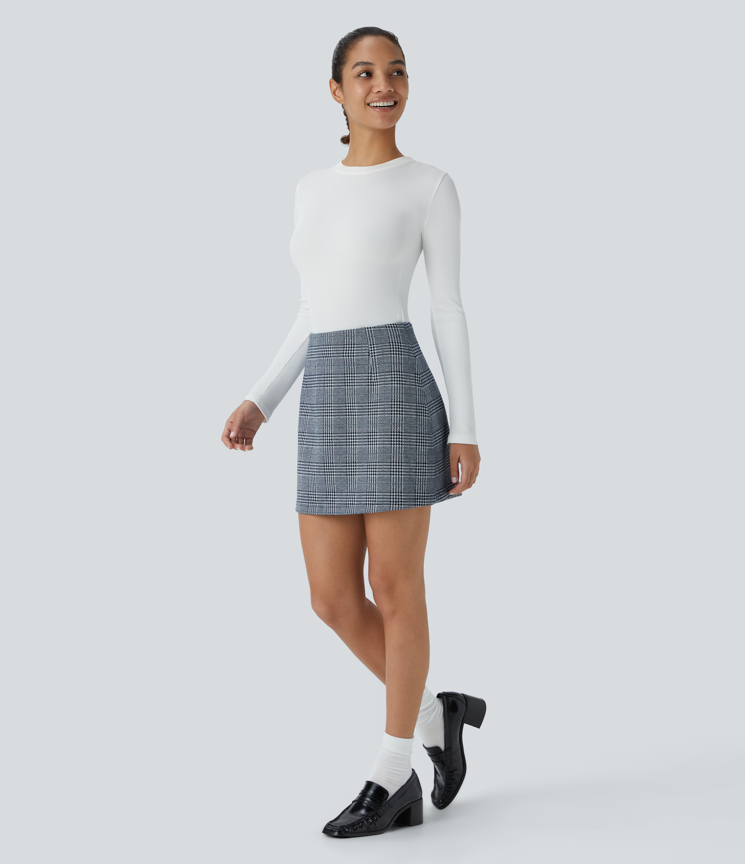 Halara High Waisted 2-in-1 Houndstooth Plaid Mini Work Skirt  - Navy Blue Houndstooth Plaid - XL(regular) 