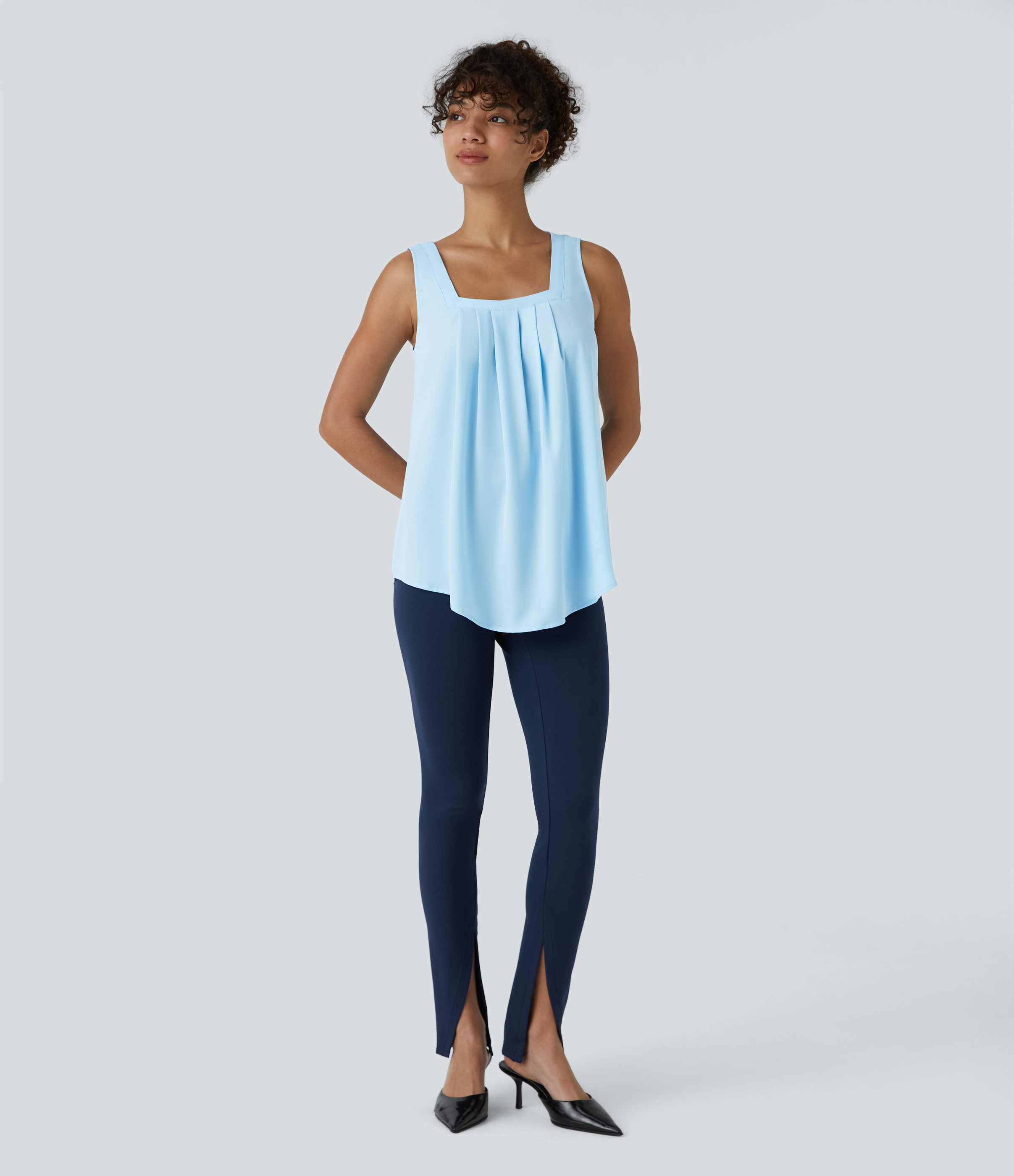 Halara Square Neck Plicated Work Tank Top Tank Top - Rippling Blue - M golf tops halter top tunic tops sleeveless tops backless top 