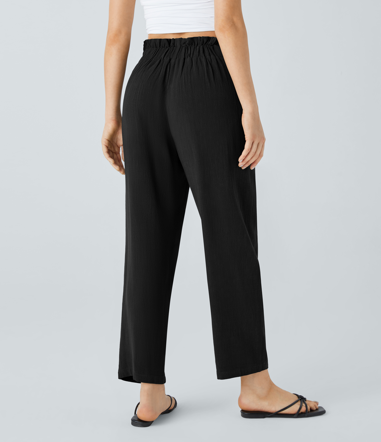 Halara  Paper Bag Waist Decorative Button Side Pocket Linen-Blend Resort Tapered Pants  - Black - L(regular) sweatpants jogger pants 