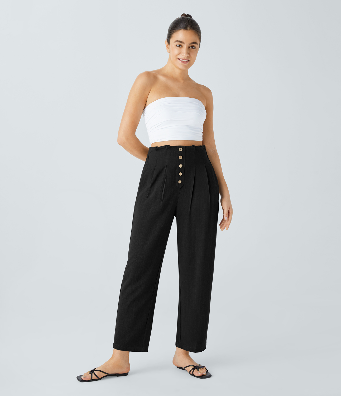 Halara  Paper Bag Waist Decorative Button Side Pocket Linen-Blend Resort Tapered Pants  - Black - L(regular) sweatpants jogger pants 