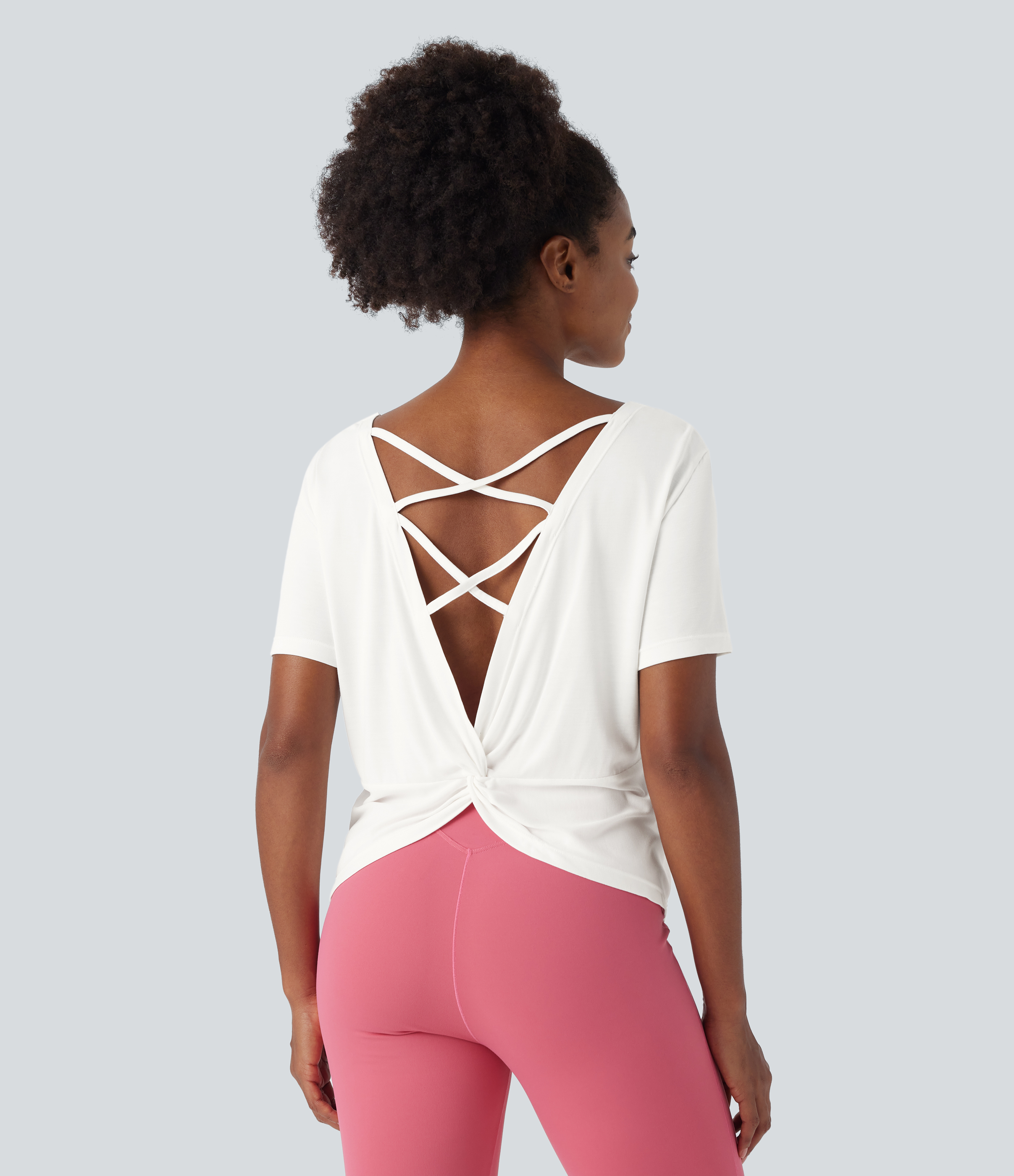 Halara Cut Out Crisscross Twisted Back Short Sleeve Yoga Sports Top  - White - L 