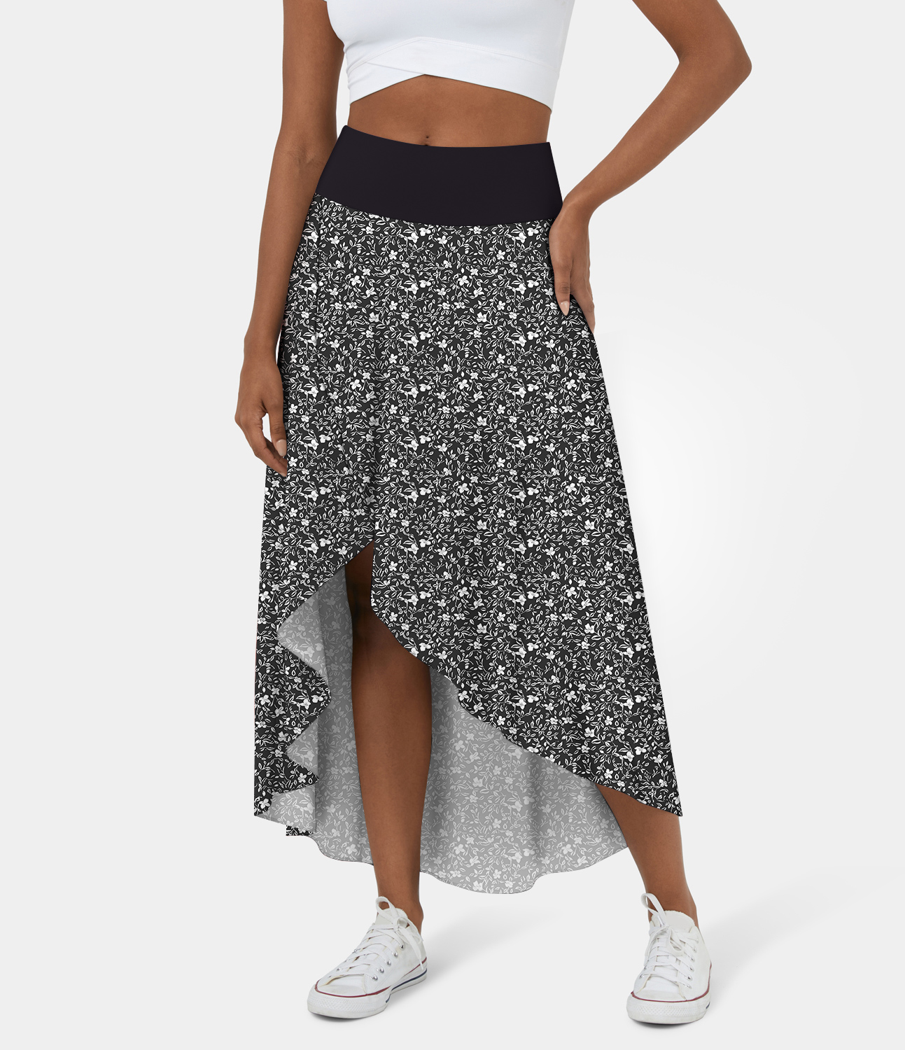 

Halara Breezefulв„ў High Waisted High Low Ruffle 2-in-1 Ditsy Floral Flowy Quick Dry Casual Regular Maxi Skirt - Black-White Floral Print