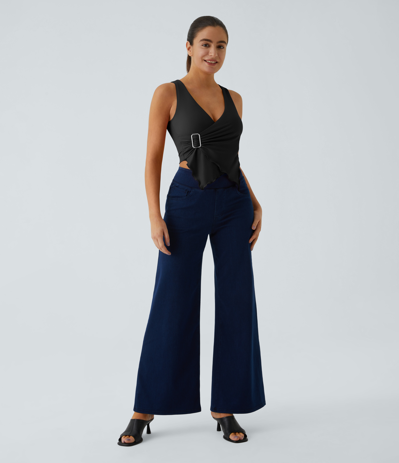 Halara Softlyzeroв„ў Airy Deep V Neck Crossover Decorative Buckle Lettuce Trim Cool Touch Casual Vest-UPF50+ Tank Top - Black - M golf tops 