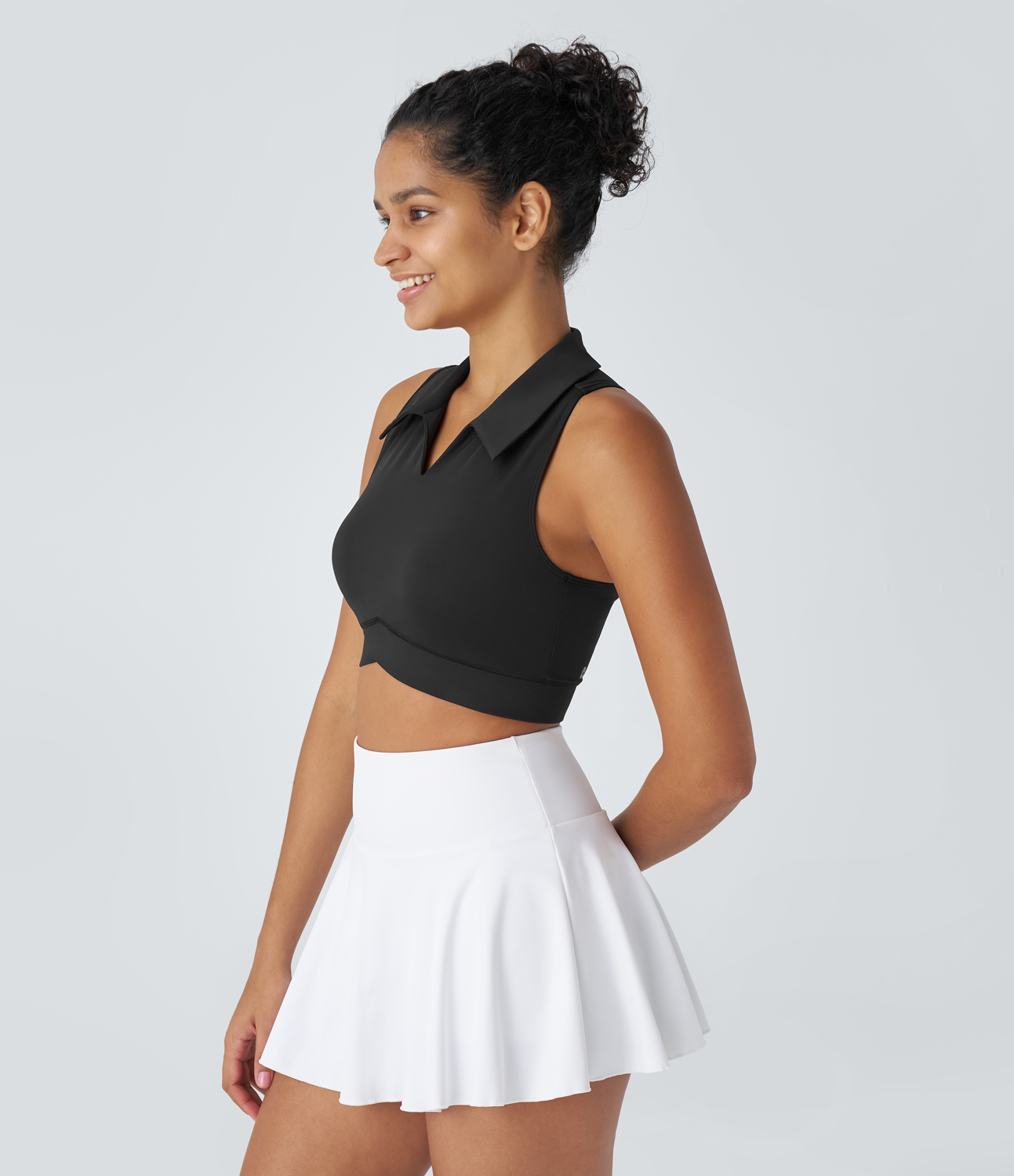 Halara Polo Collar V Neck Backless Racerback Quick Dry Cropped Tennis Tank Top Tank Top - Black - XS golf tops halter top tunic tops 