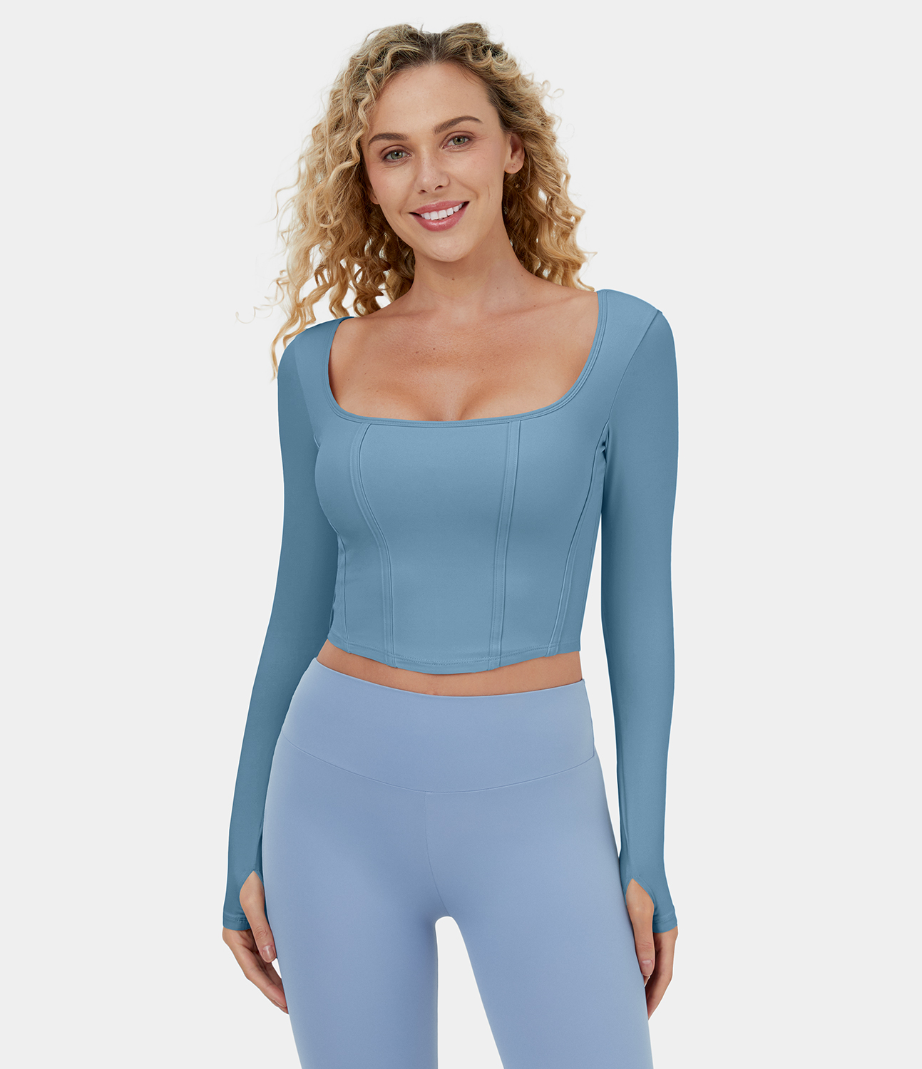 

Halara Softlyzeroв„ў Plush Square Neck Thumb Hole Cropped Yoga Sports Top - Warm Mid Blue