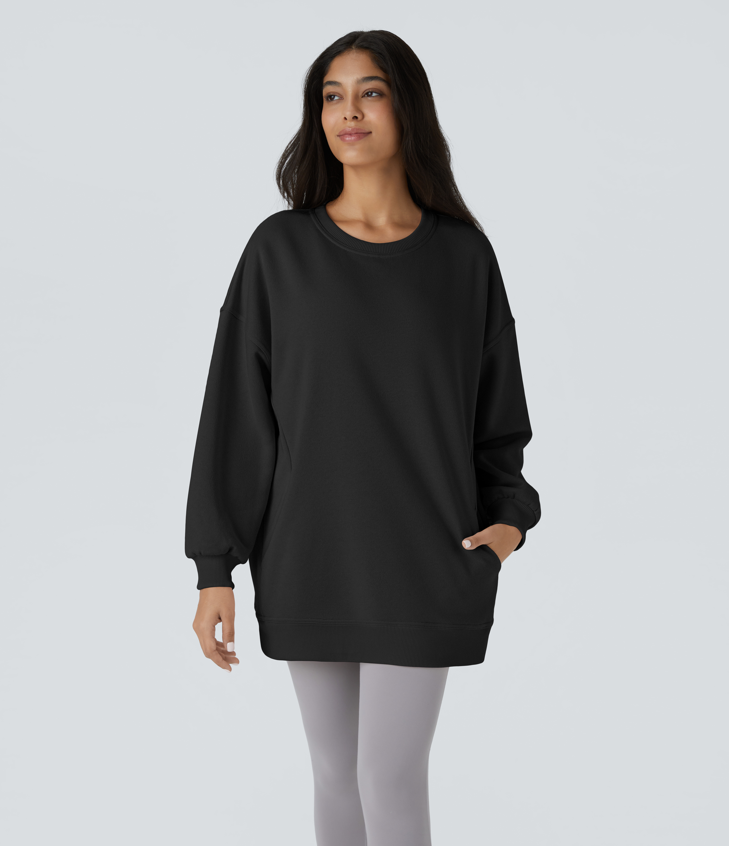 Halara Round Neck Long Sleeve Side Pocket Oversize Fleece Casual Sweatshirt  - Black - XL 